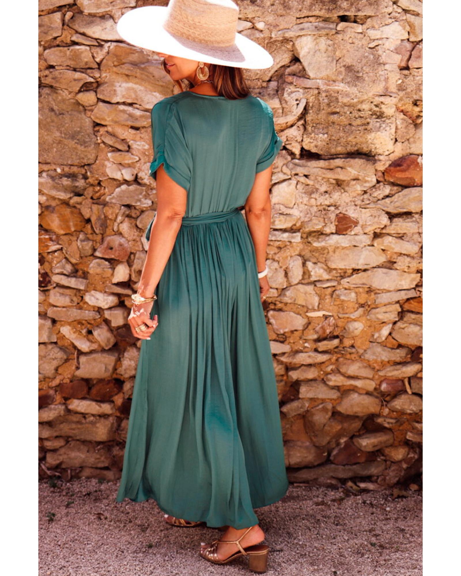 V539-AZEXDC6118918-P309-M-202508280720-00 Blackish Green Solid Color V Neck Wrap Pleated Short Sleeve Maxi Dress - M - Image 1