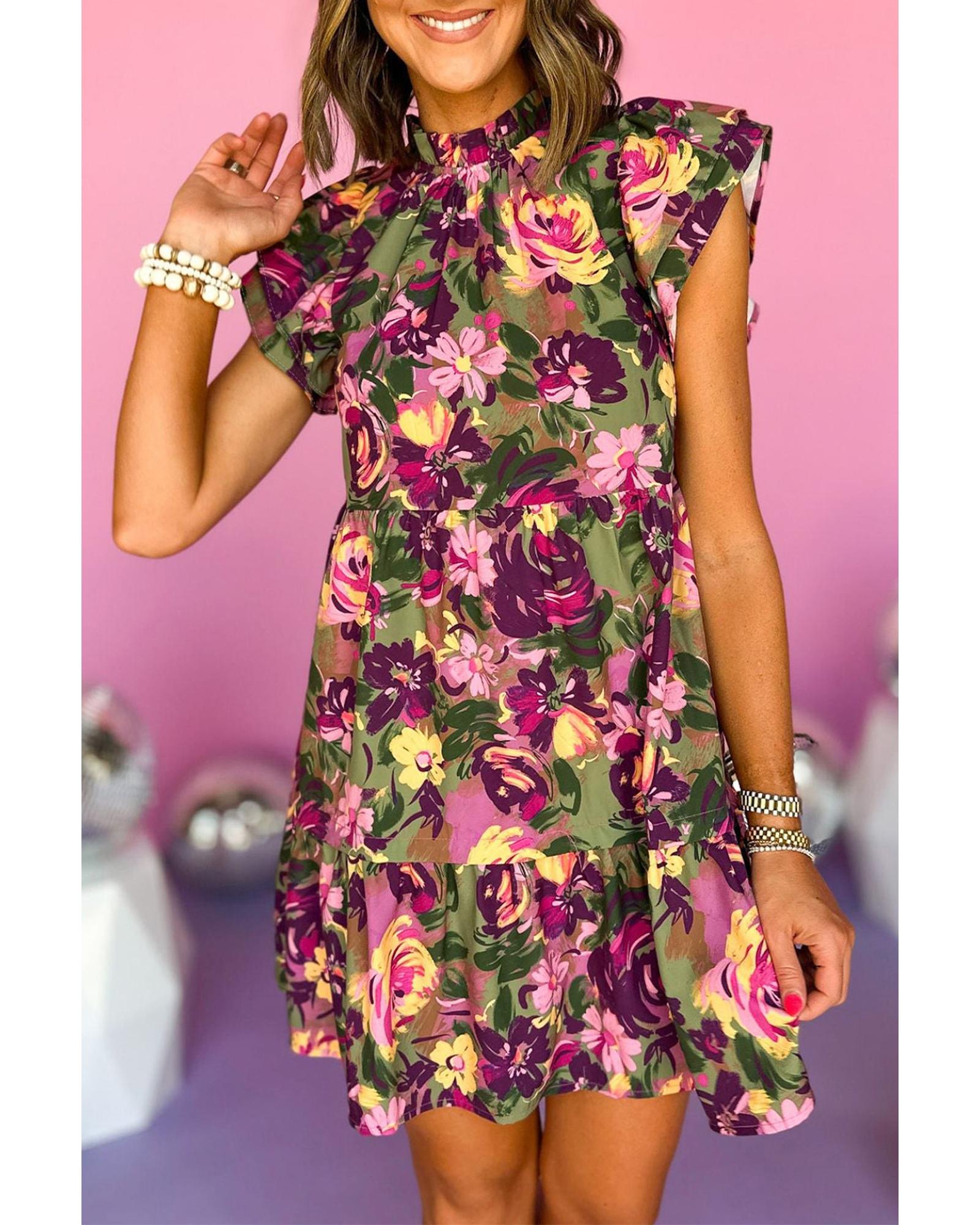 V539-AZEXDC6118934-P920-S-202506141354-00 Green Floral Print Ruched Flutter Sleeve Frilled Neck Mini Dress - S - Image 1