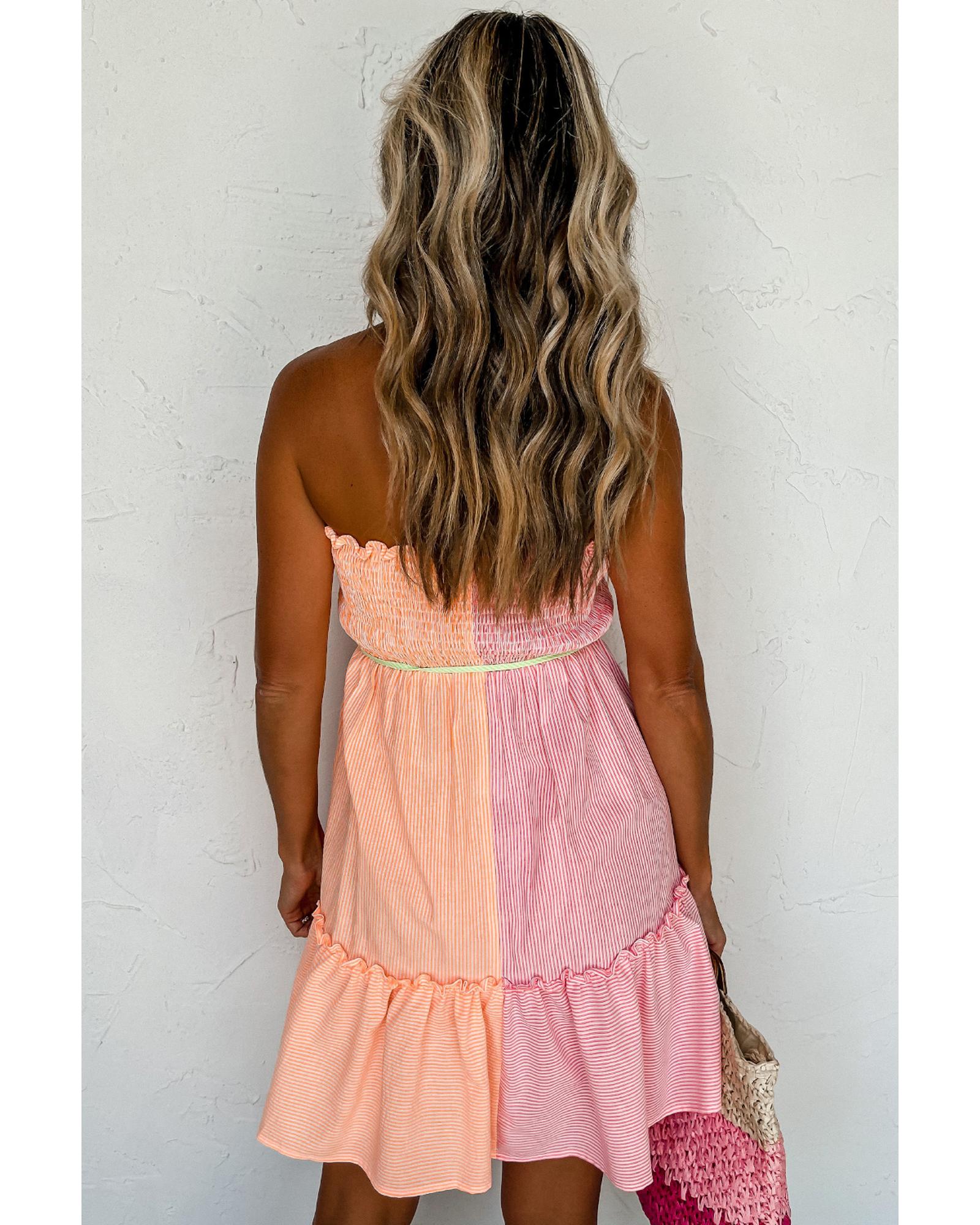 V539-AZEXDC6119007-P1019-M-202508291700-00 Pink Stripe Color Block Smocked Button Front Frilled Strapless Mini Dress - M - Image 1