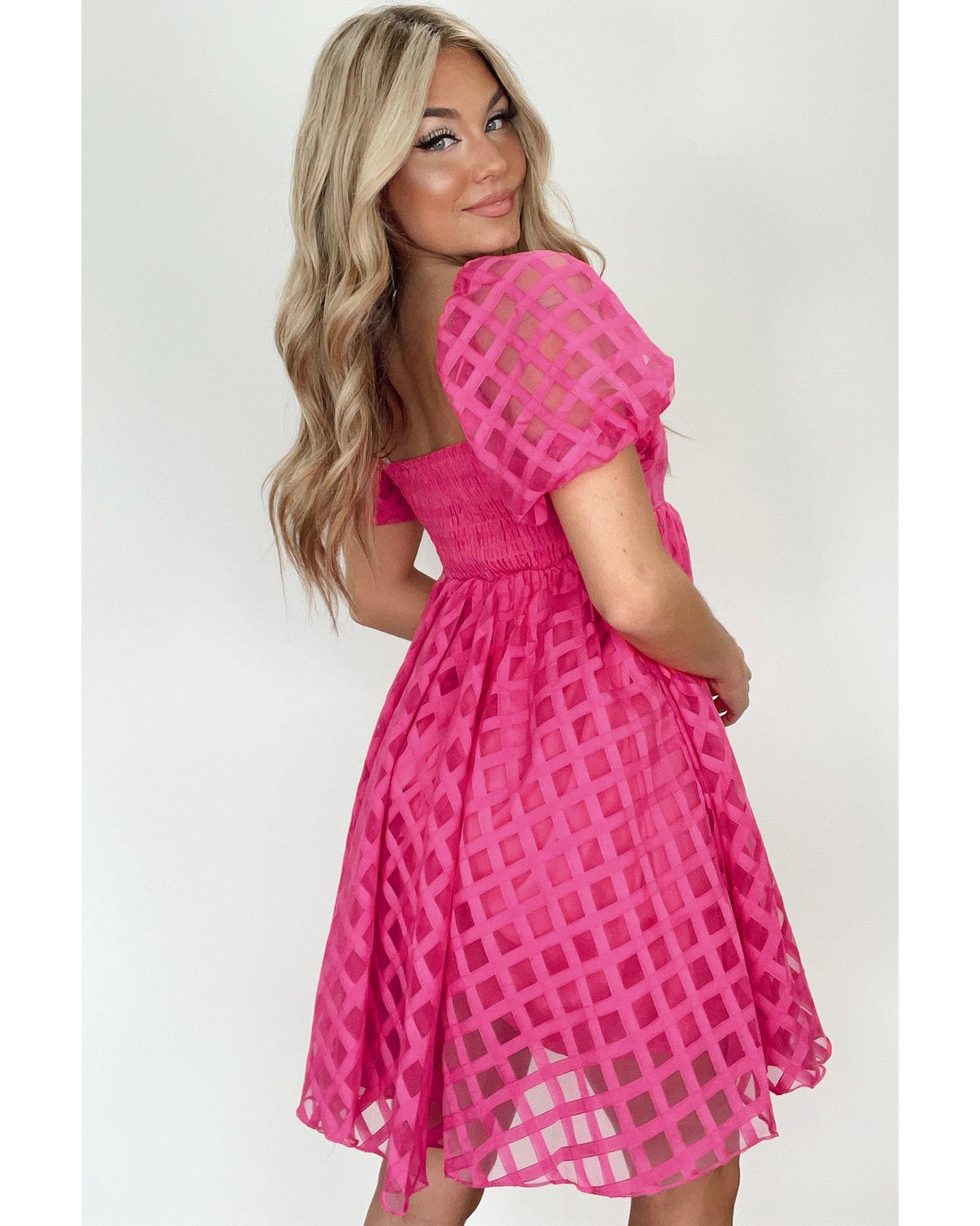 V539-AZEXDC6119011-P306-S-202506141417-00 Strawberry Pink Checkered Puff Sleeve Babydoll Dress - S - Image 1