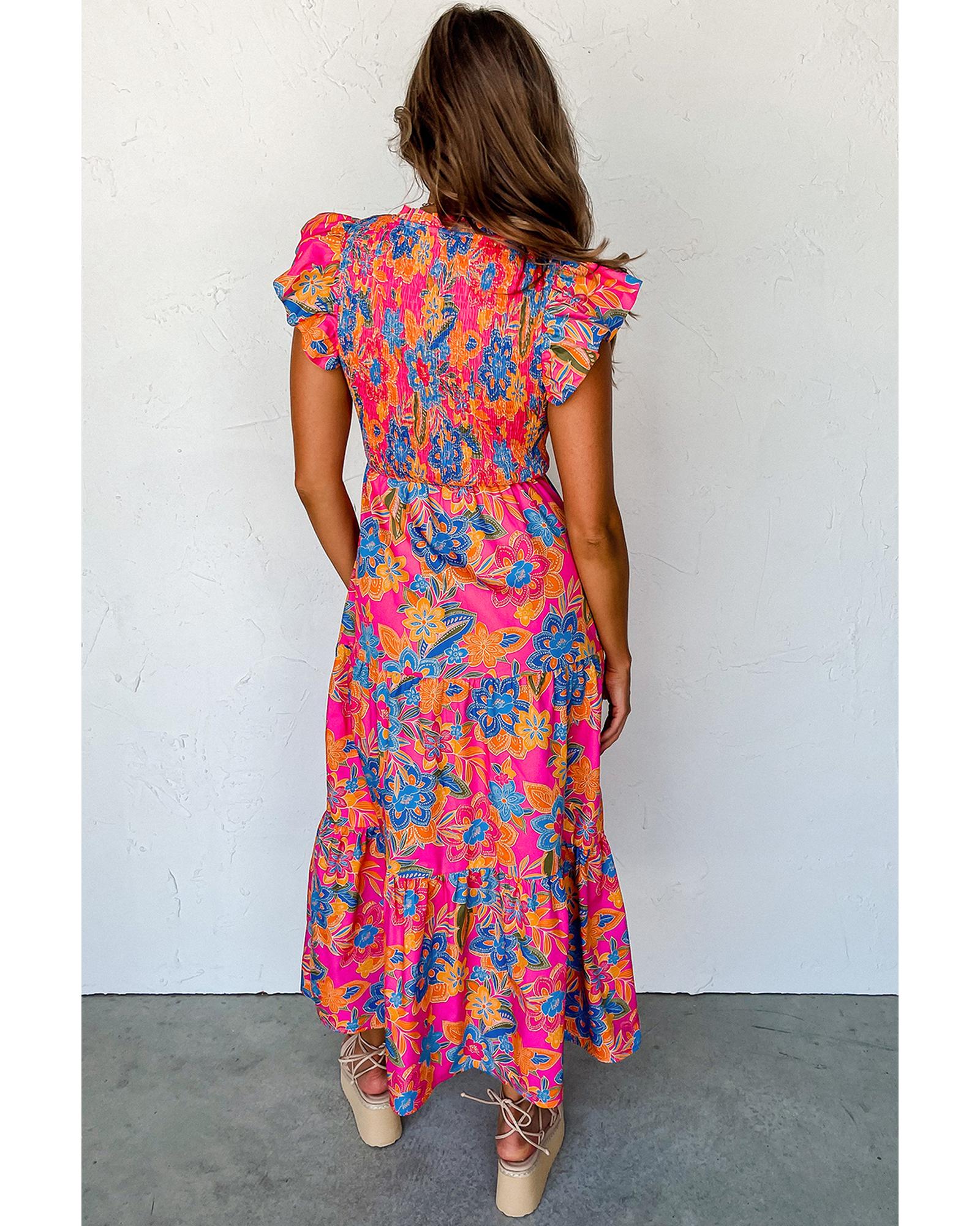 V539-AZEXDC6119015-P622-M-202508281000-00 Rose Red Boho Floral V Neck Ruffle Tiered Long Dress - M - Image 1