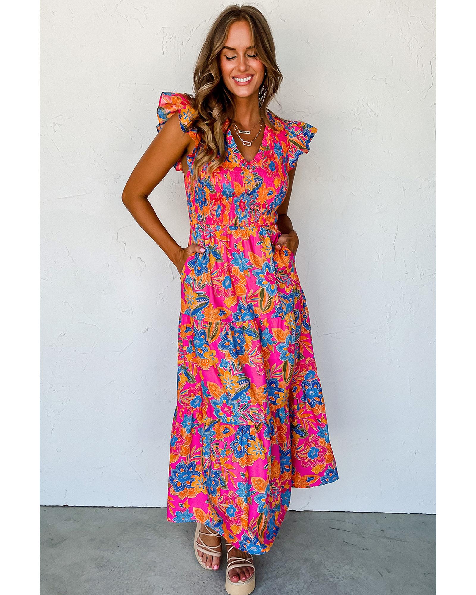 V539-AZEXDC6119015-P622-XL-202508281215-00 Rose Red Boho Floral V Neck Ruffle Tiered Long Dress - XL - Image 1