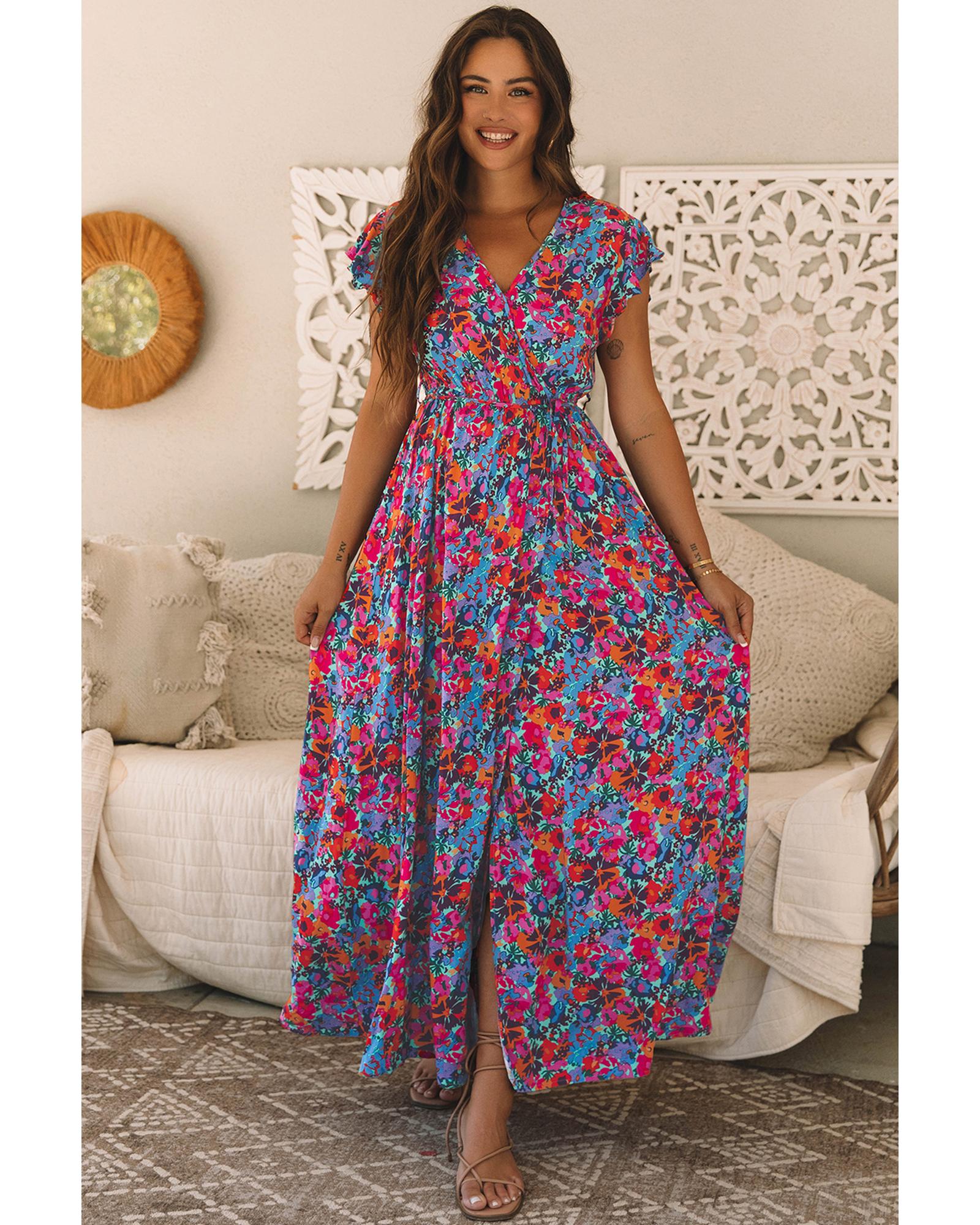 V539-AZEXDC6119025-P305-M-202508291635-00 Blue Floral Print V Neck Wrap Split Maxi Dress - M - Image 1