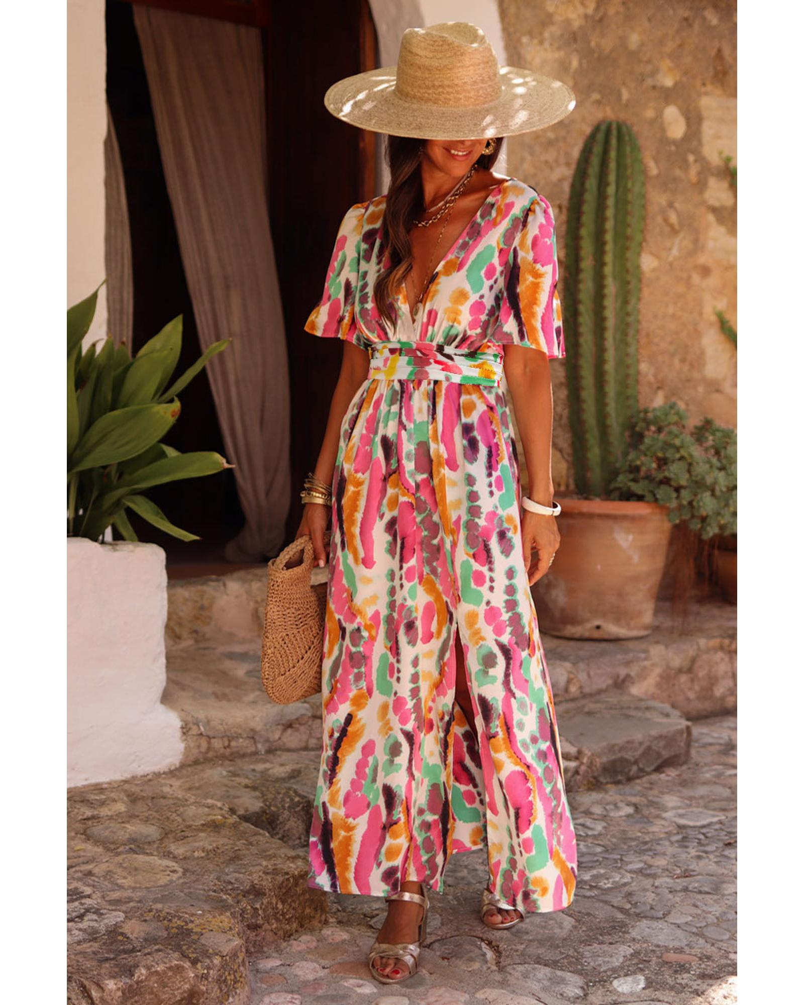 V539-AZEXDC6119082-P1022-S-202506141446-00 Pink Boho Tie-dye Print V Neck Maxi Dress - S - Image 1