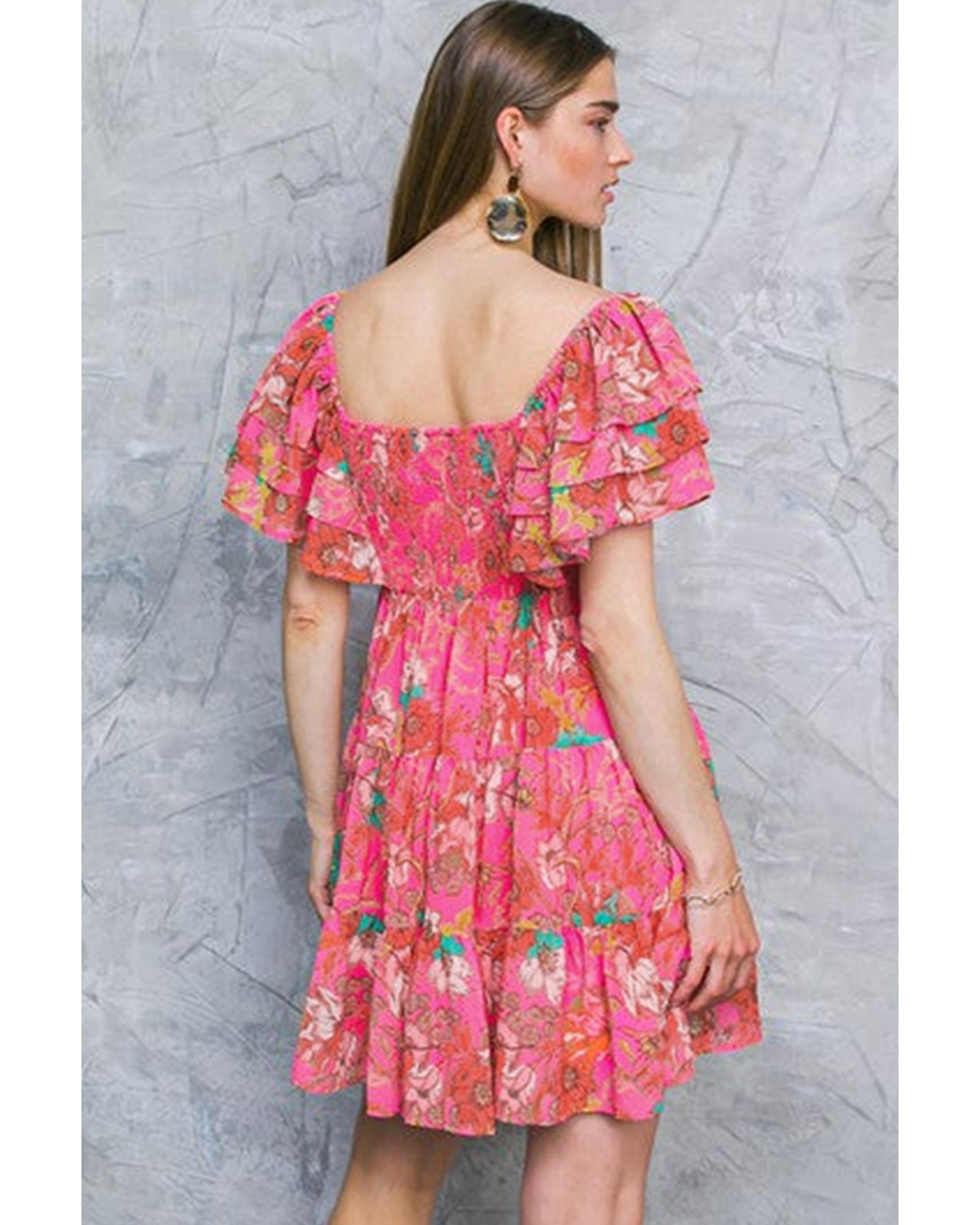 V539-AZEXDC6119160-P1020-XL-202508281845-00 Pink Floral Square Neck Ruffle Sleeve Tiered Dress - XL - Image 1