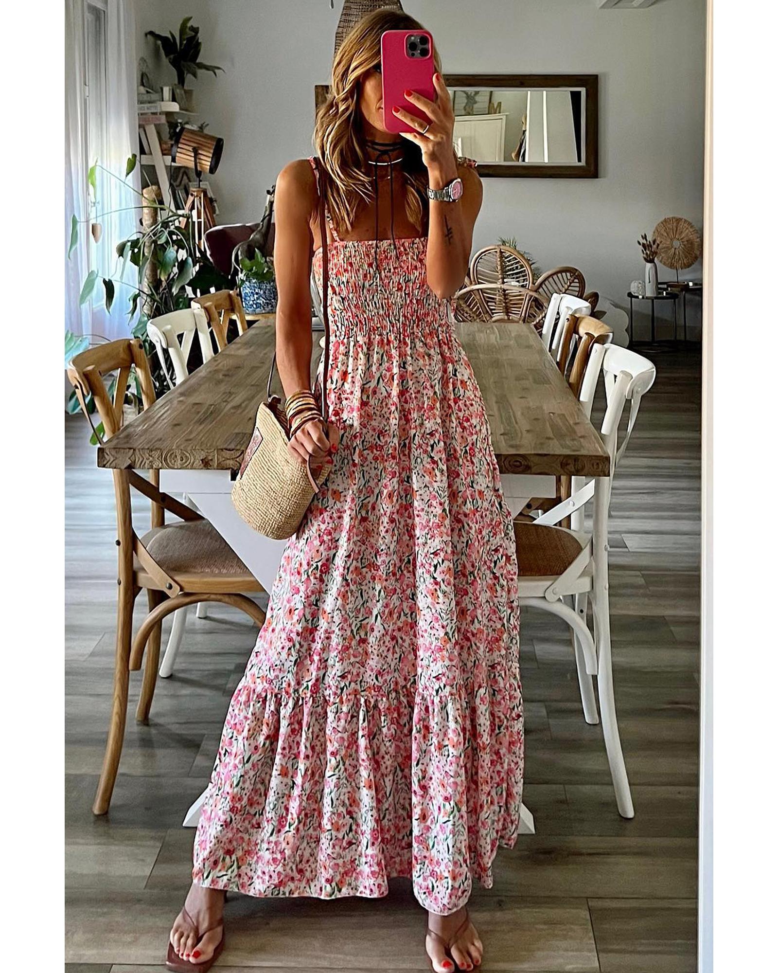 V539-AZEXDC6119187-P120-XL-202508282250-00 White Boho Floral Smocked Ruffled Maxi Dress - XL - Image 1