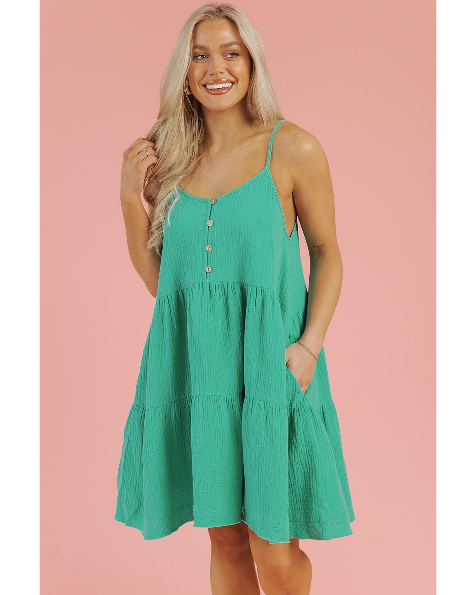 V539-AZEXDC6119384-P409-L-202508281955-00 Sea Green Textured Buttoned Thin Strap Tiered Loose Fit Mini Dress - L - Image 1