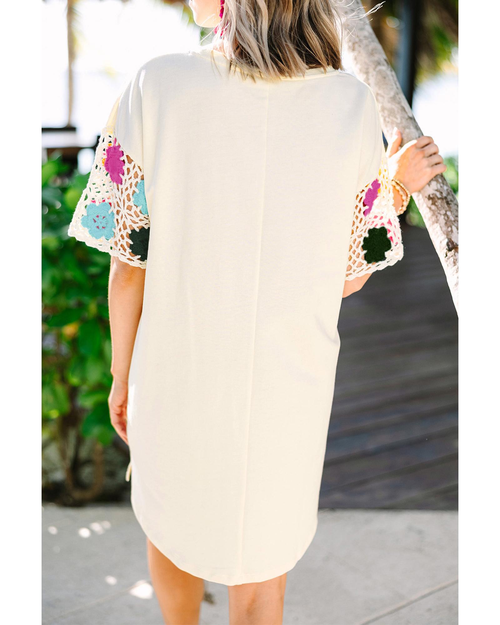 V539-AZEXDC6119394-P101-XL-202508291745-00 White Floral Crochet Splicing Sleeve T Shirt Dress - XL - Image 1