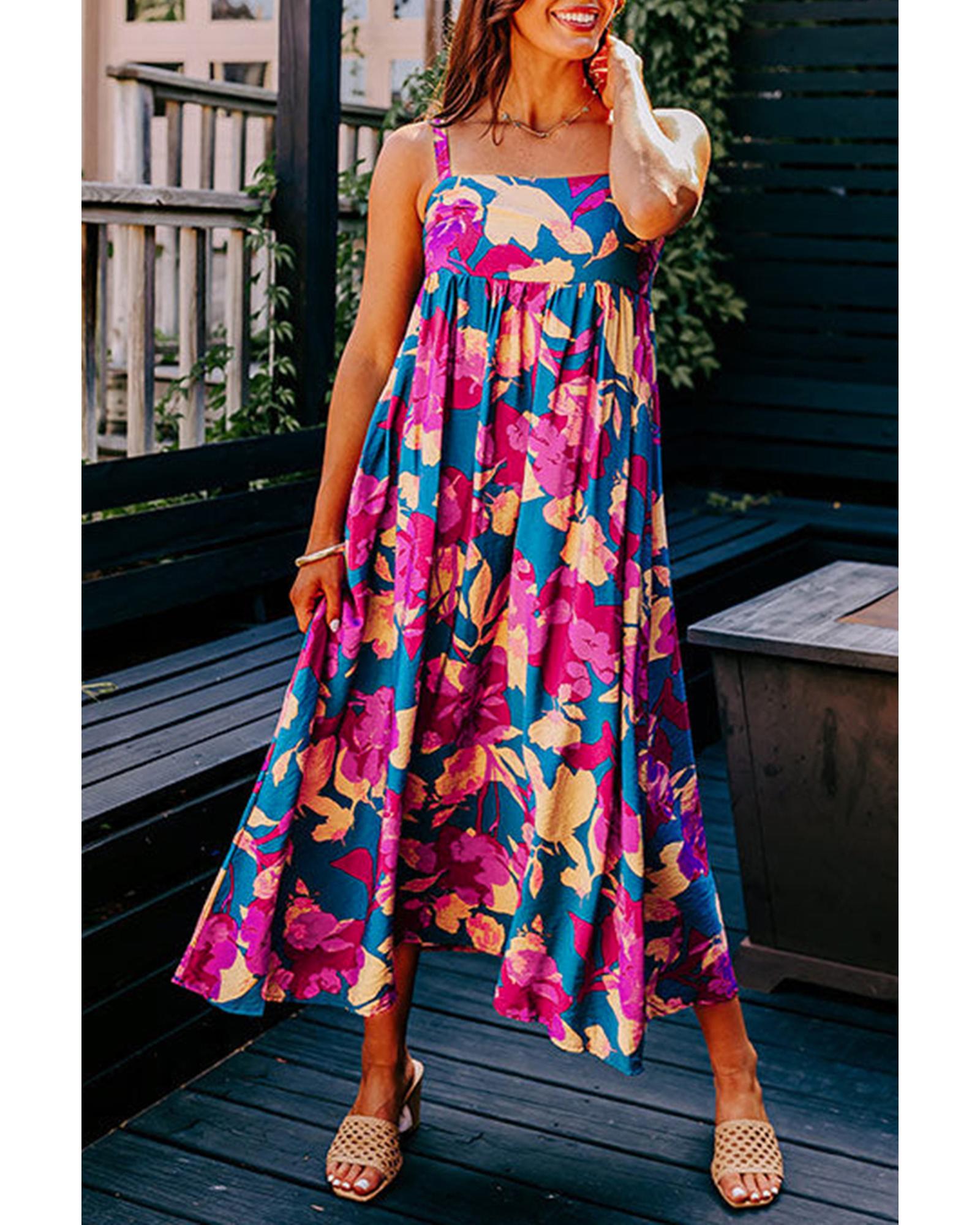 V539-AZEXDC6119396-P522-L-202508291925-00 Dark Blue Floral High Waist Sleeveless Flared Long Dress - L - Image 1