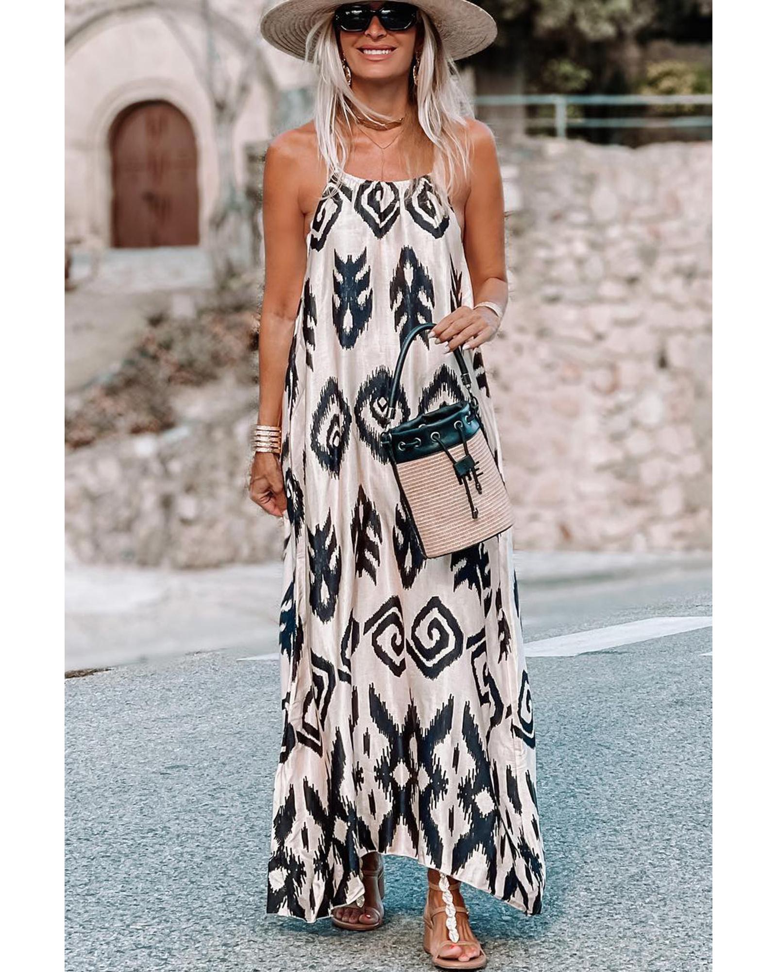 V539-AZEXDC6119591-P220-XL-202508281845-00 Black Western Aztec Printed Fashion Vacation Sundress - XL - Image 1