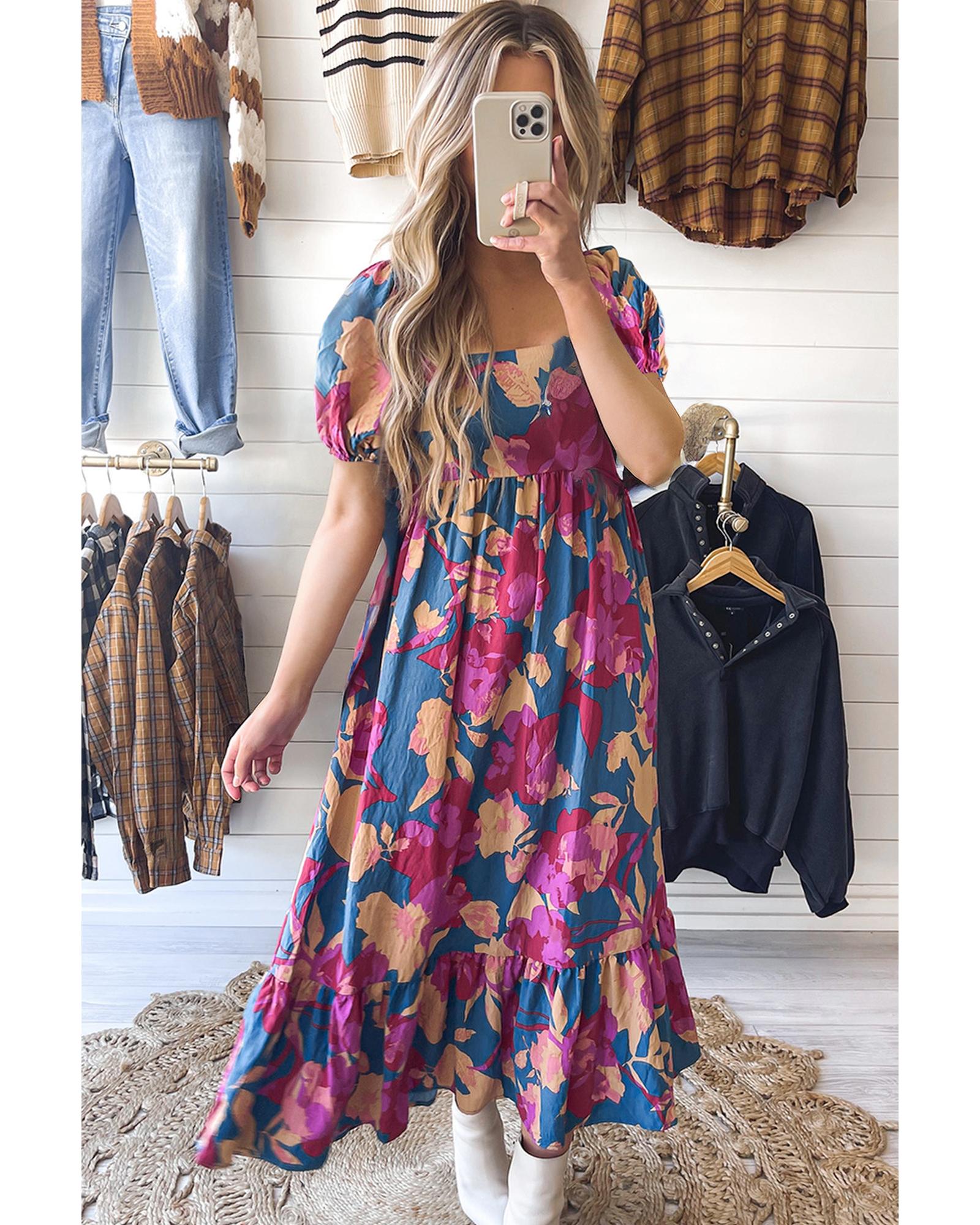 V539-AZEXDC6120005-P522-L-202508281605-00 Dark Blue Square Neck Bubble Sleeve Ruffled Floral Dress - L - Image 1