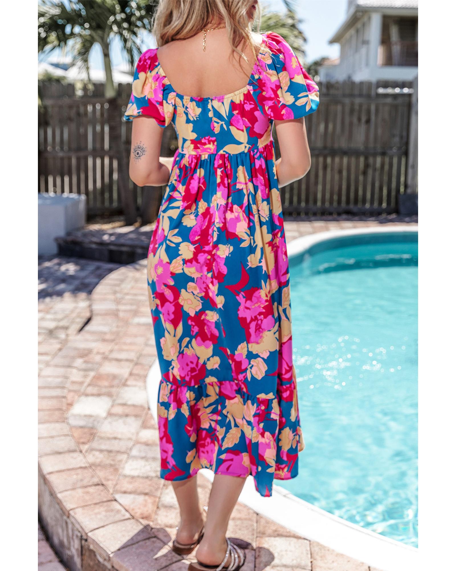 V539-AZEXDC6120005-P522-M-202508281715-00 Dark Blue Square Neck Bubble Sleeve Ruffled Floral Dress - M - Image 1