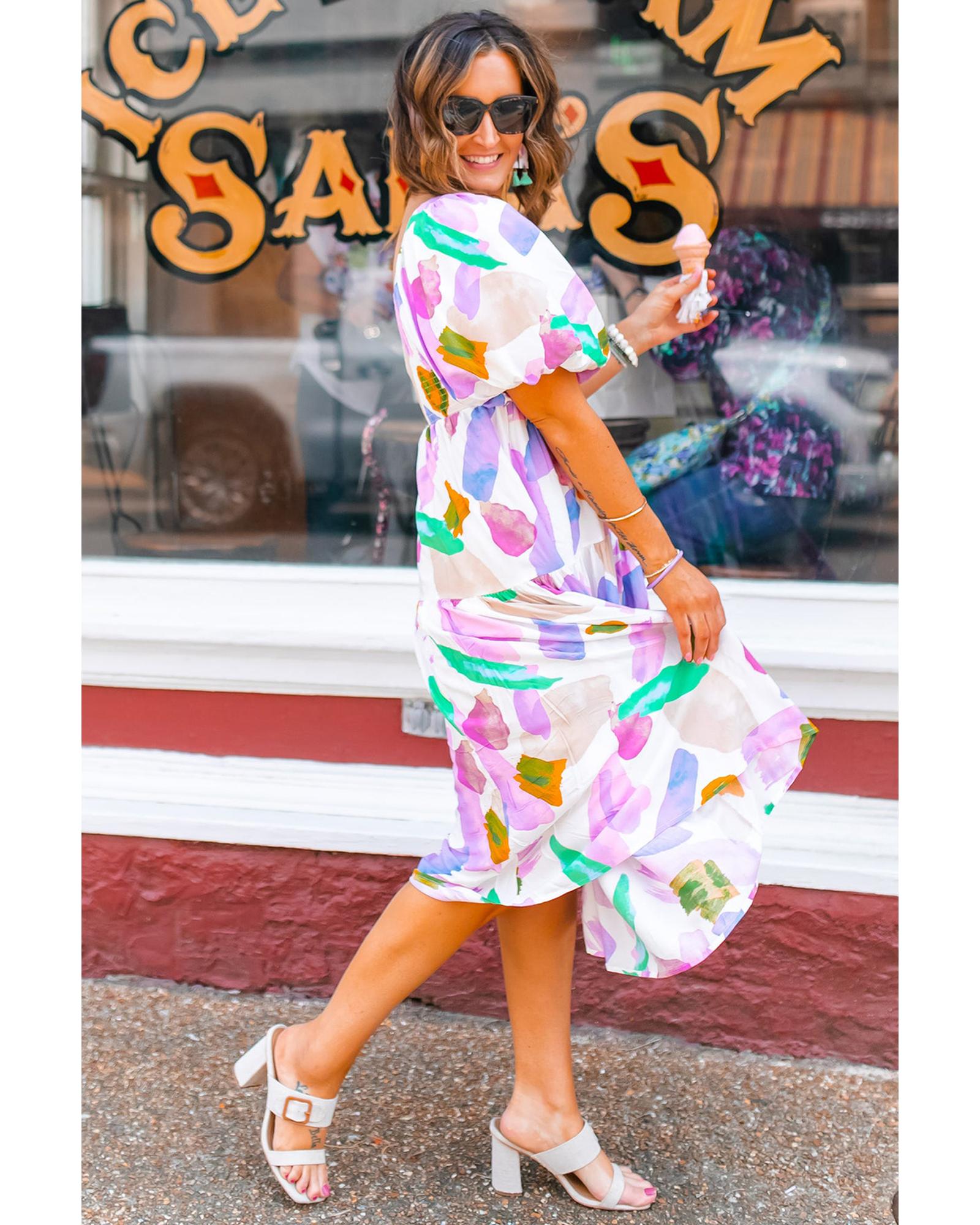 V539-AZEXDC6120063-P820-L-202506141306-00 Purple Abstract Print Puff Sleeve Smocked Back Midi Dress - L - Image 1