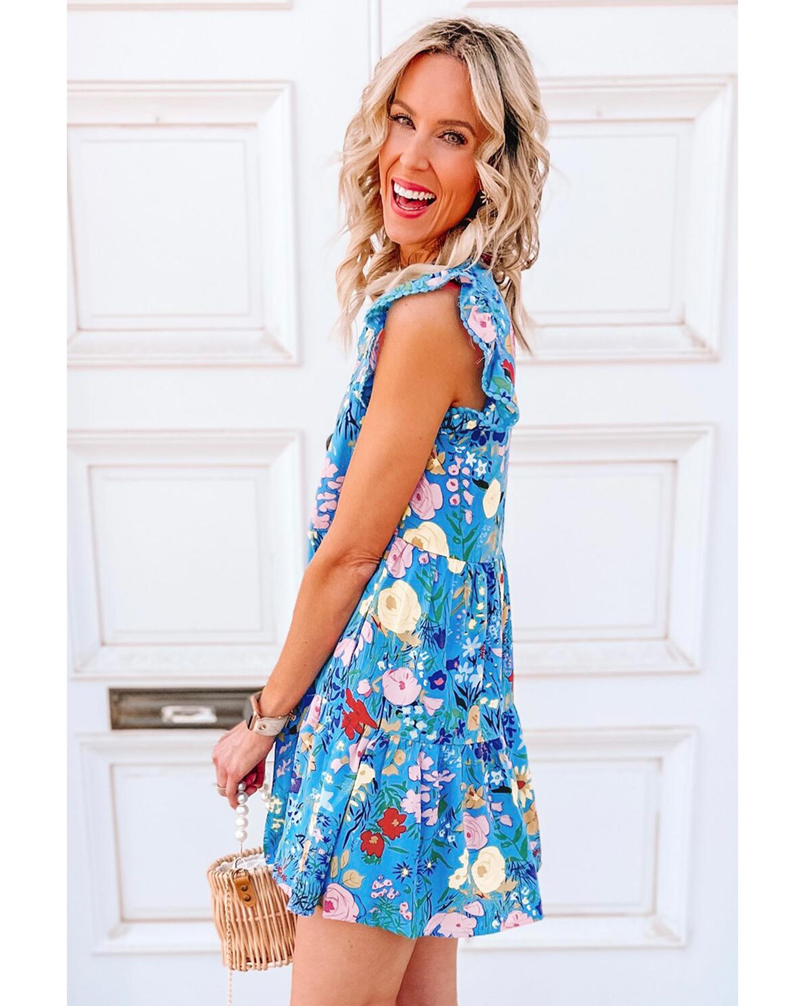 V539-AZEXDC6120090-P10420-L-202508291805-00 Sky Blue Floral Flutter Sleeve V Neck Ruffled Dress - L - Image 1