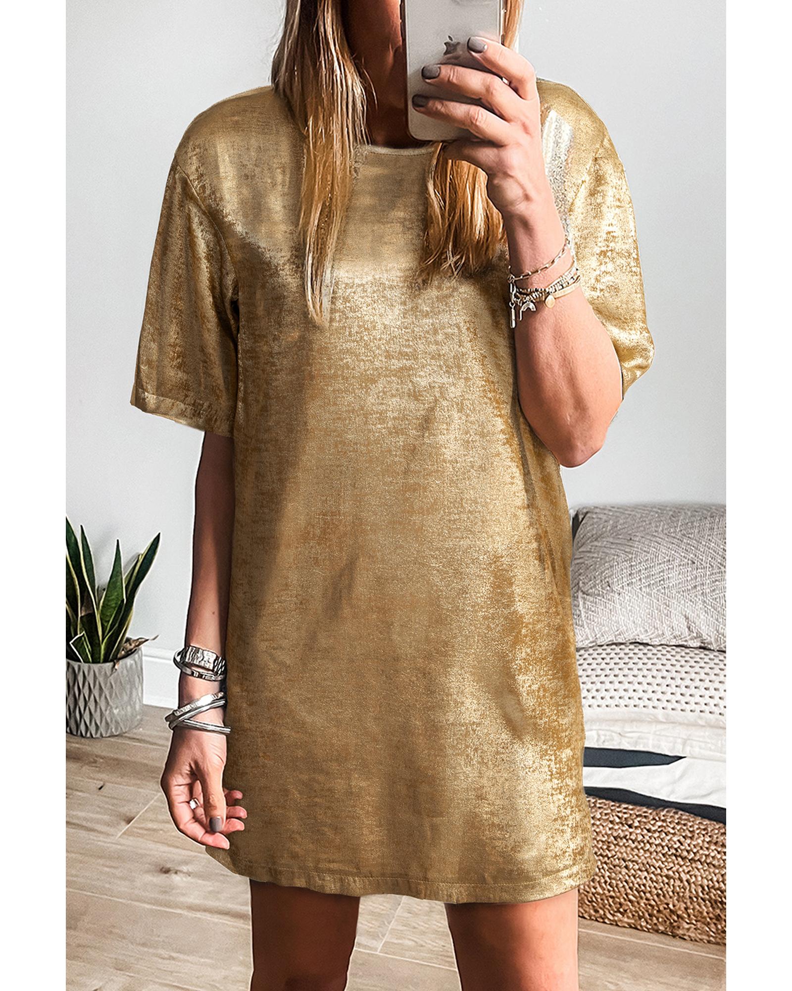V539-AZEXDC6120157-P12-XL-202508281150-00 Gold Metallic Luster Crewneck Mini T-Shirt Dress - XL - Image 1