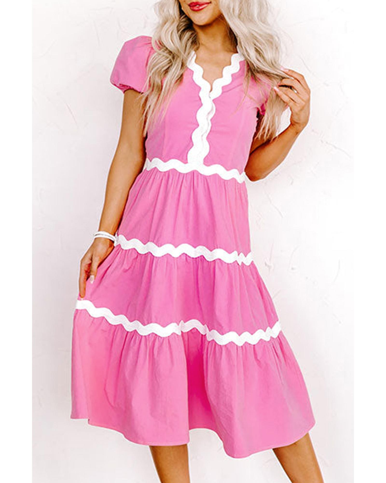 V539-AZEXDC6120178-P3010-XL-202508281725-00 Bonbon Ric Rac Trim Short Puff Sleeve Flowy Midi Dress - XL - Image 1