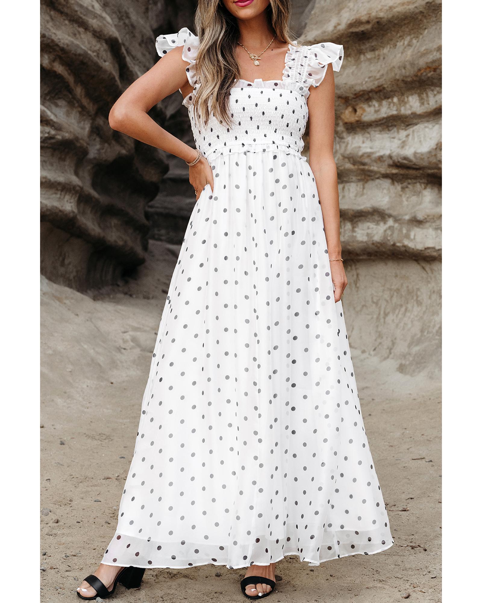 V539-AZEXDC6120210-P1-M-202508291955-00 White Polka Dot Flutter Sleeve Square Neck Smocked Maxi Dress - M - Image 1