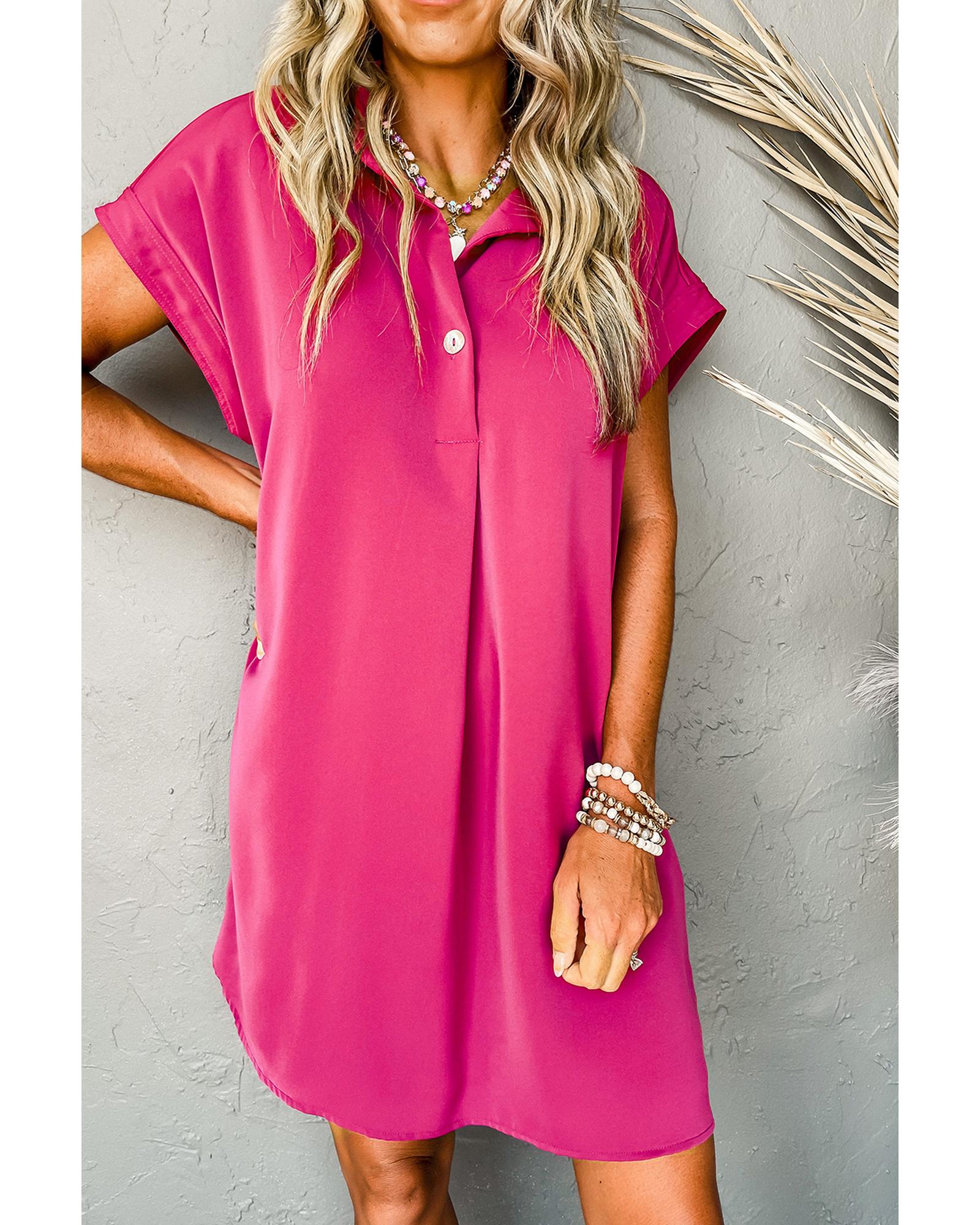 V539-AZEXDC6120277-P6-M-202508280200-00 Rose Red Buttoned Collar Shift T-shirt Mini Dress - M - Image 1