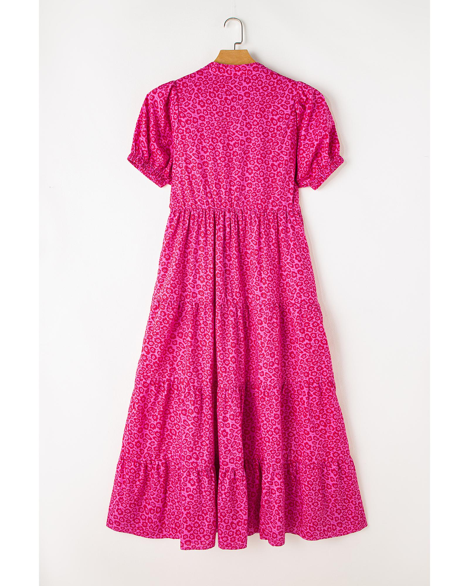 V539-AZEXDC6120509-P6-XL-202508281025-00 Rose Red Flower Mock Neck Puff Sleeve Tiered Maxi Dress - XL - Image 1