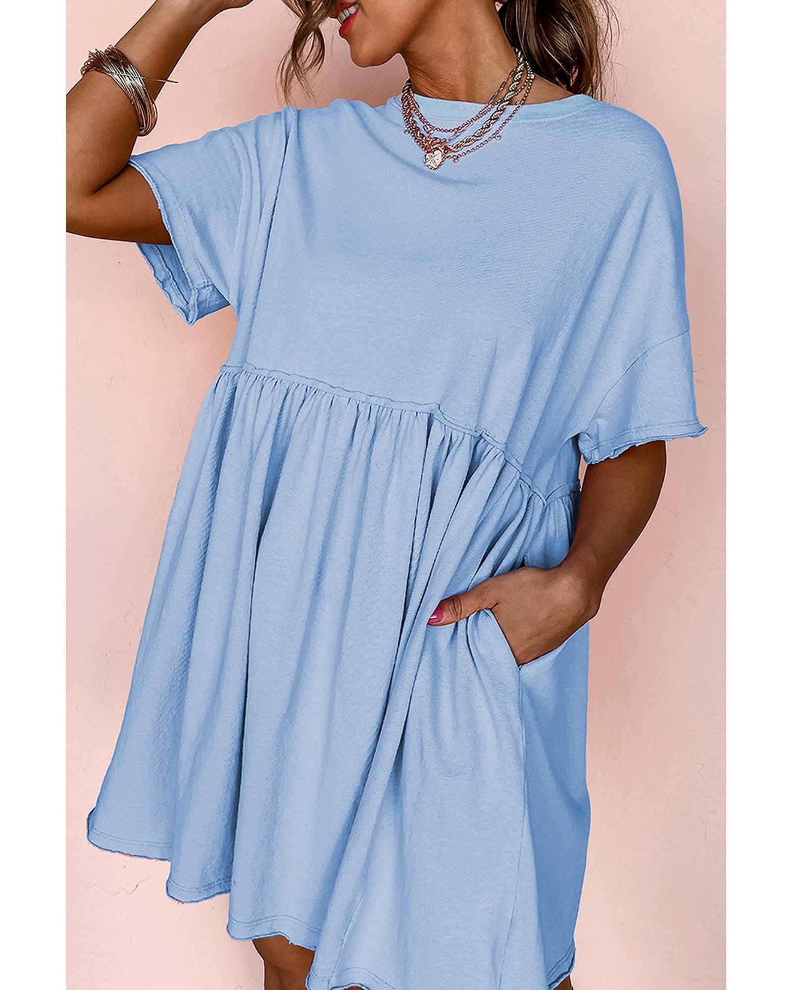 V539-AZEXDC6120695-P304-S-202506141527-00 Sky Blue Solid Color Pocketed Raw Edge Babydoll Dress - S - Image 1