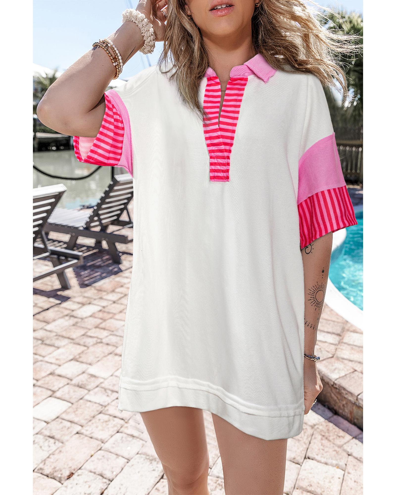 V539-AZEXDC6120817-P1-S-202506141542-00 White Stripe Colorblock Patchwork Short Sleeve T Shirt Dress - S - Image 1