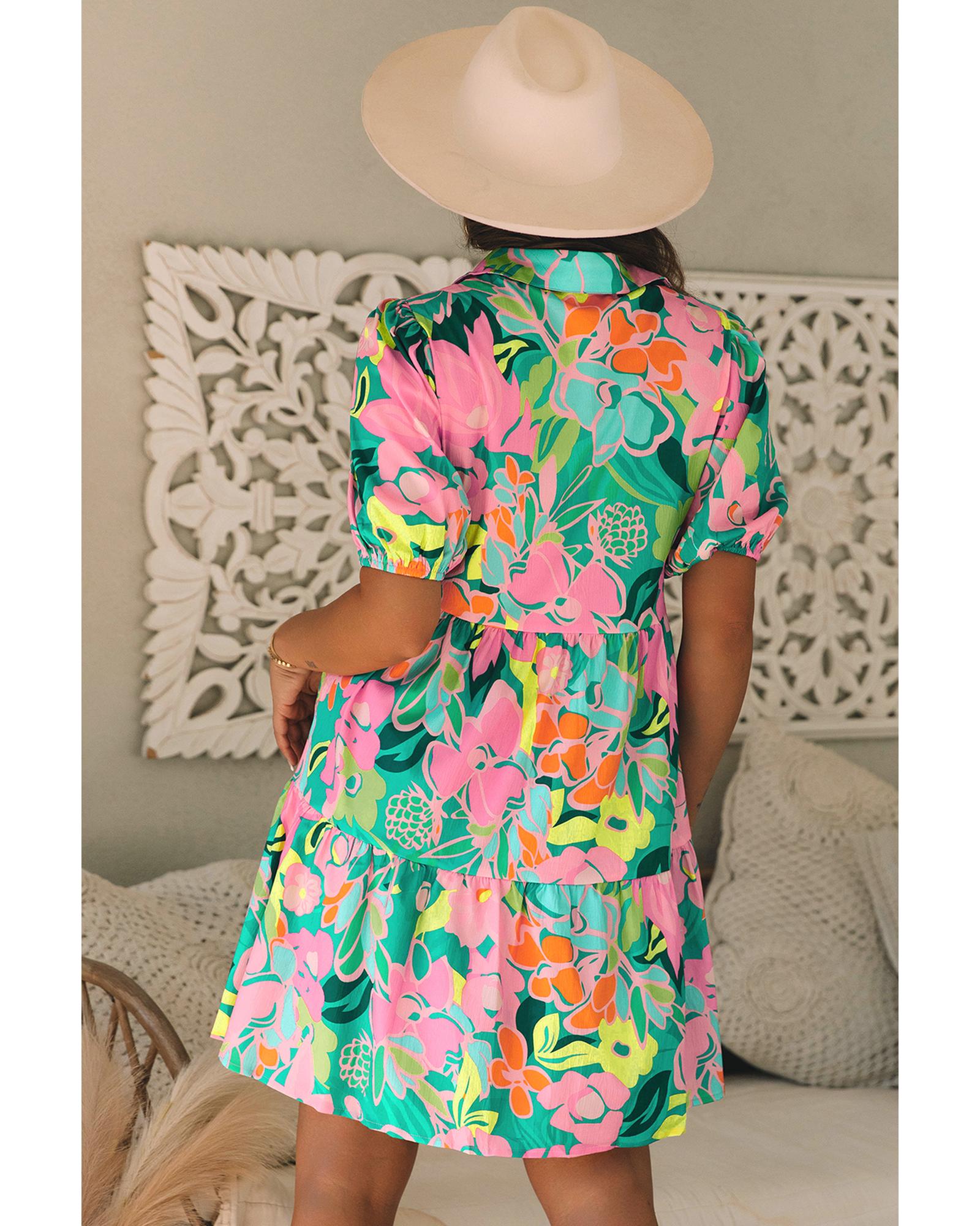 V539-AZEXDC6120973-P920-L-202508280050-00 Green Floral Puff Sleeve Collar Buttoned Babydoll Dress - L - Image 1