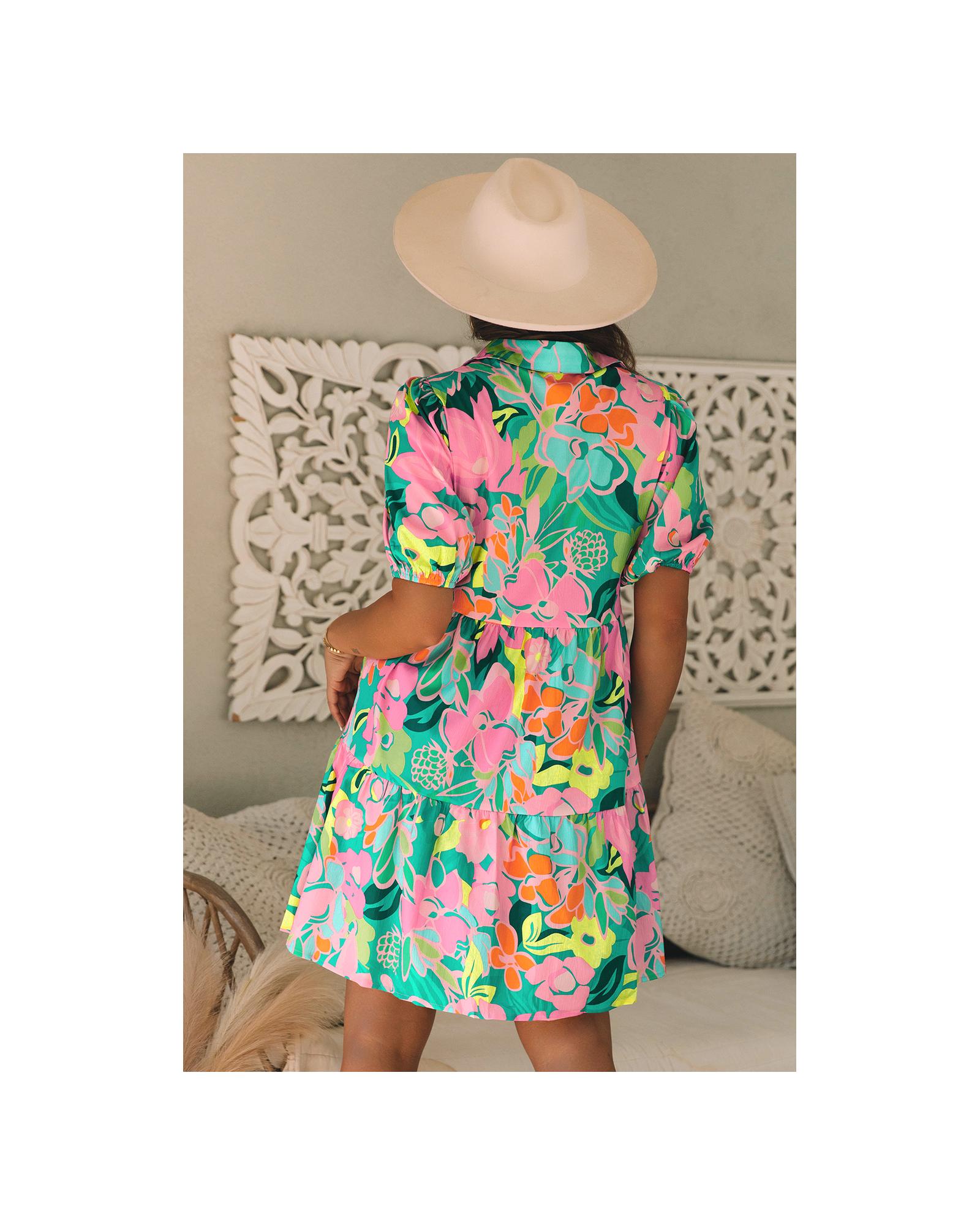 V539-AZEXDC6120973-P920-XL-202508280400-00 Green Floral Puff Sleeve Collar Buttoned Babydoll Dress - XL - Image 1