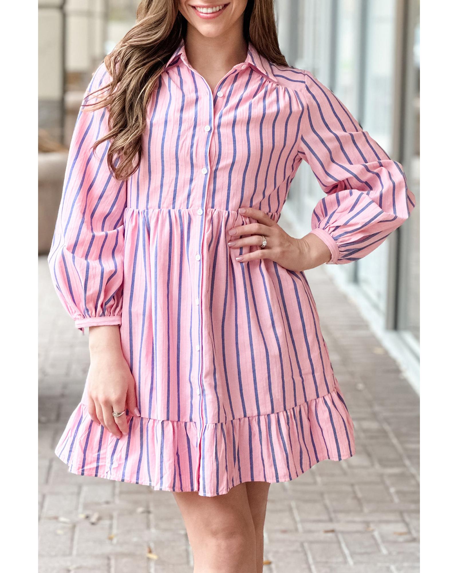 V539-AZEXDC6120998-P1019-L-202508281010-00 Pink Stripe Ruffled Hem Button-up Collared Shirt Mini Dress - L - Image 1