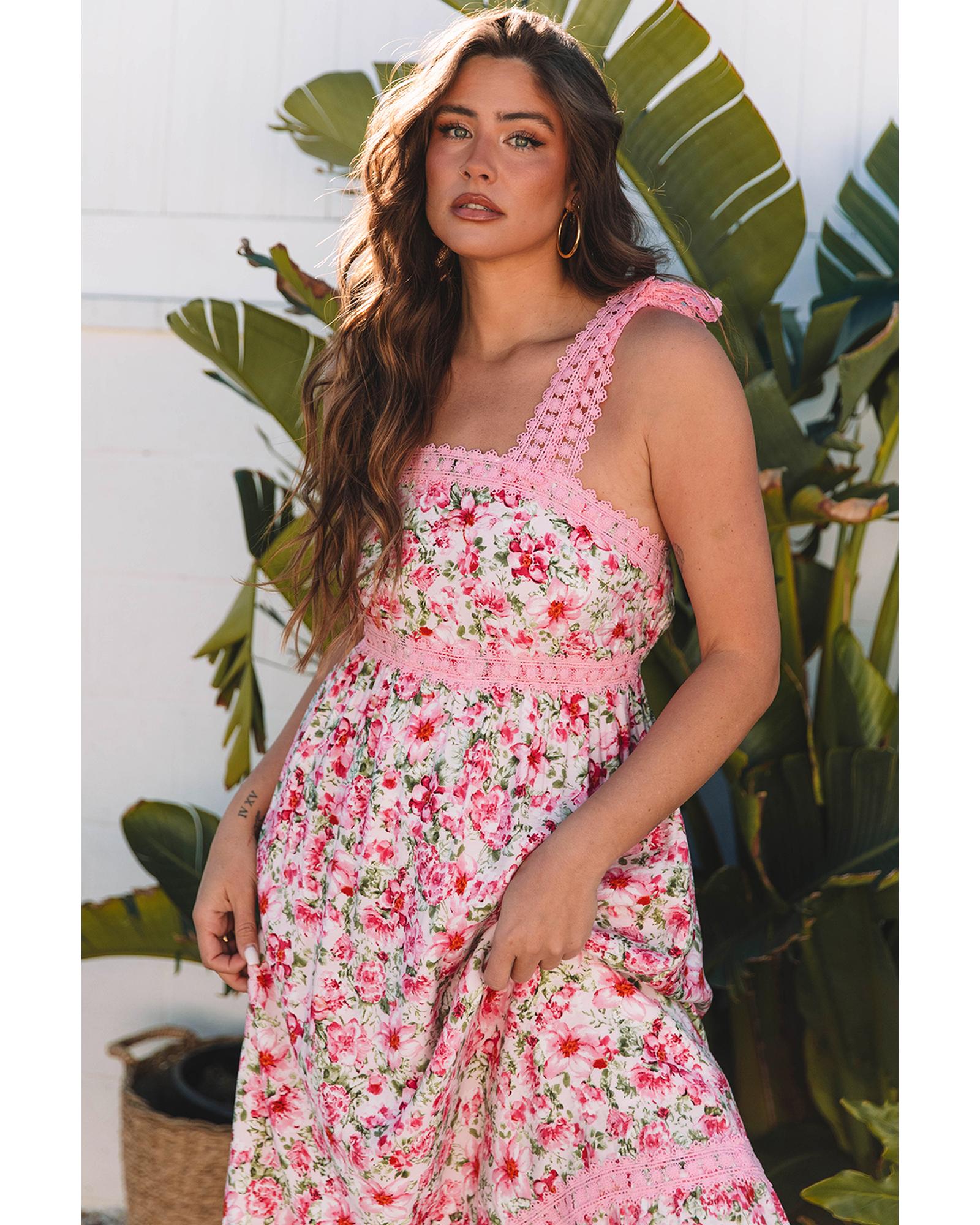 V539-AZEXDC6121006-P1020-XL-202508281330-00 Pink Floral Lace Tied Strap Empire Waist Maxi Dress - XL - Image 1