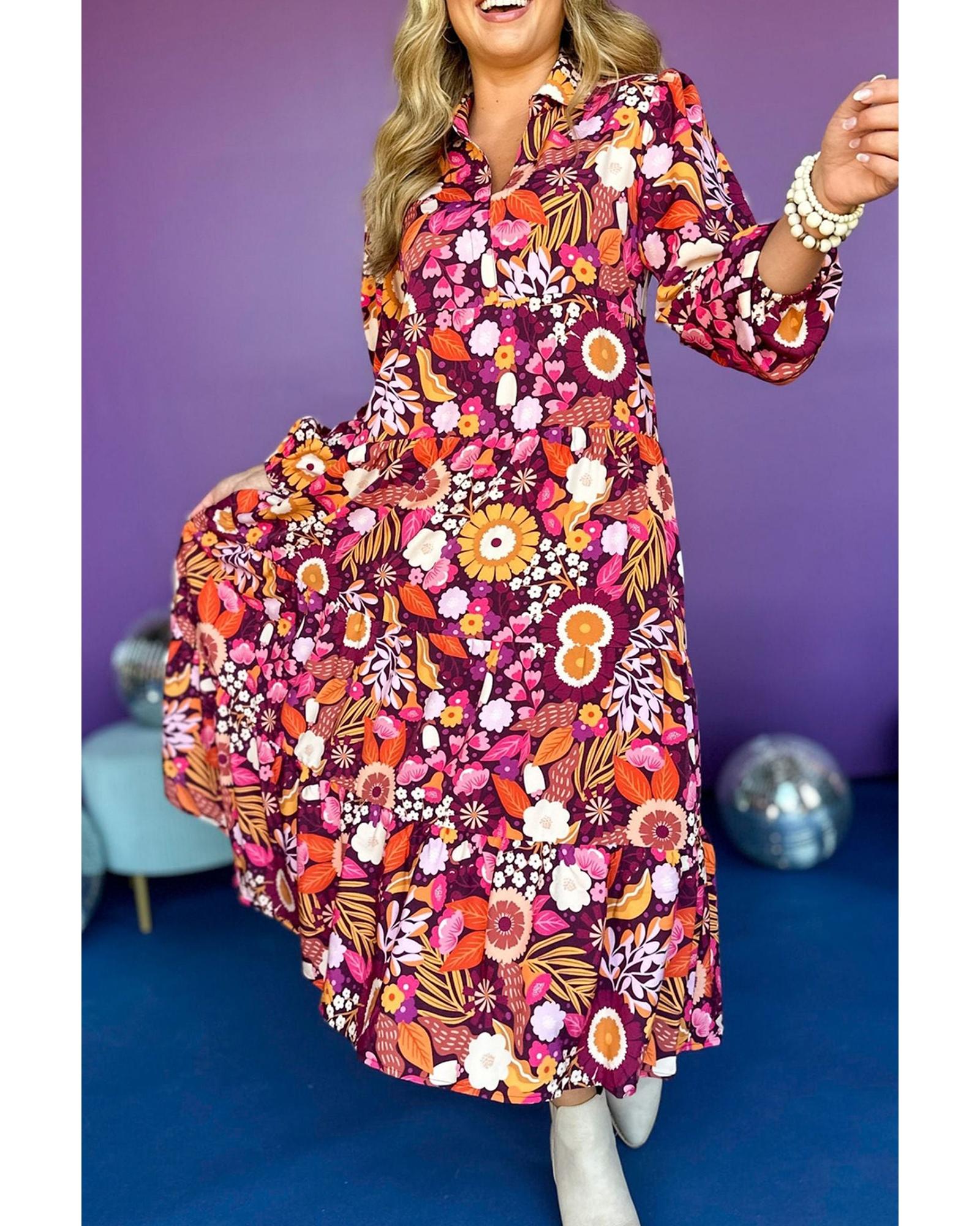 V539-AZEXDC6121486-P820-L-202508300130-00 Purple Collared Tiered Flowy Long Dress - L - Image 1