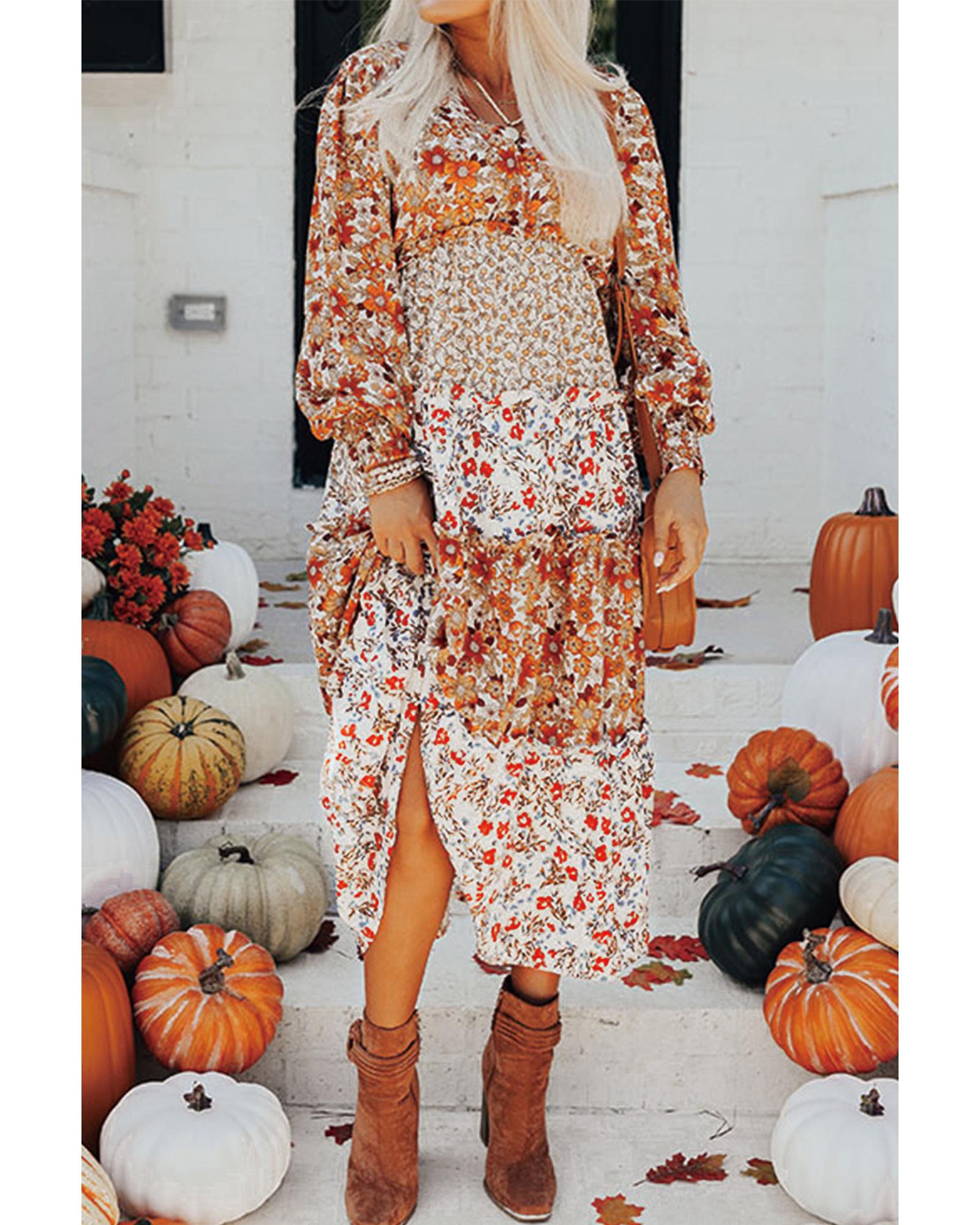 V539-AZEXDC6121496-P1620-S-202506141825-00 Khaki Floral Print Ruffled Tiered Long Sleeve V Neck Midi Dress - S - Image 1