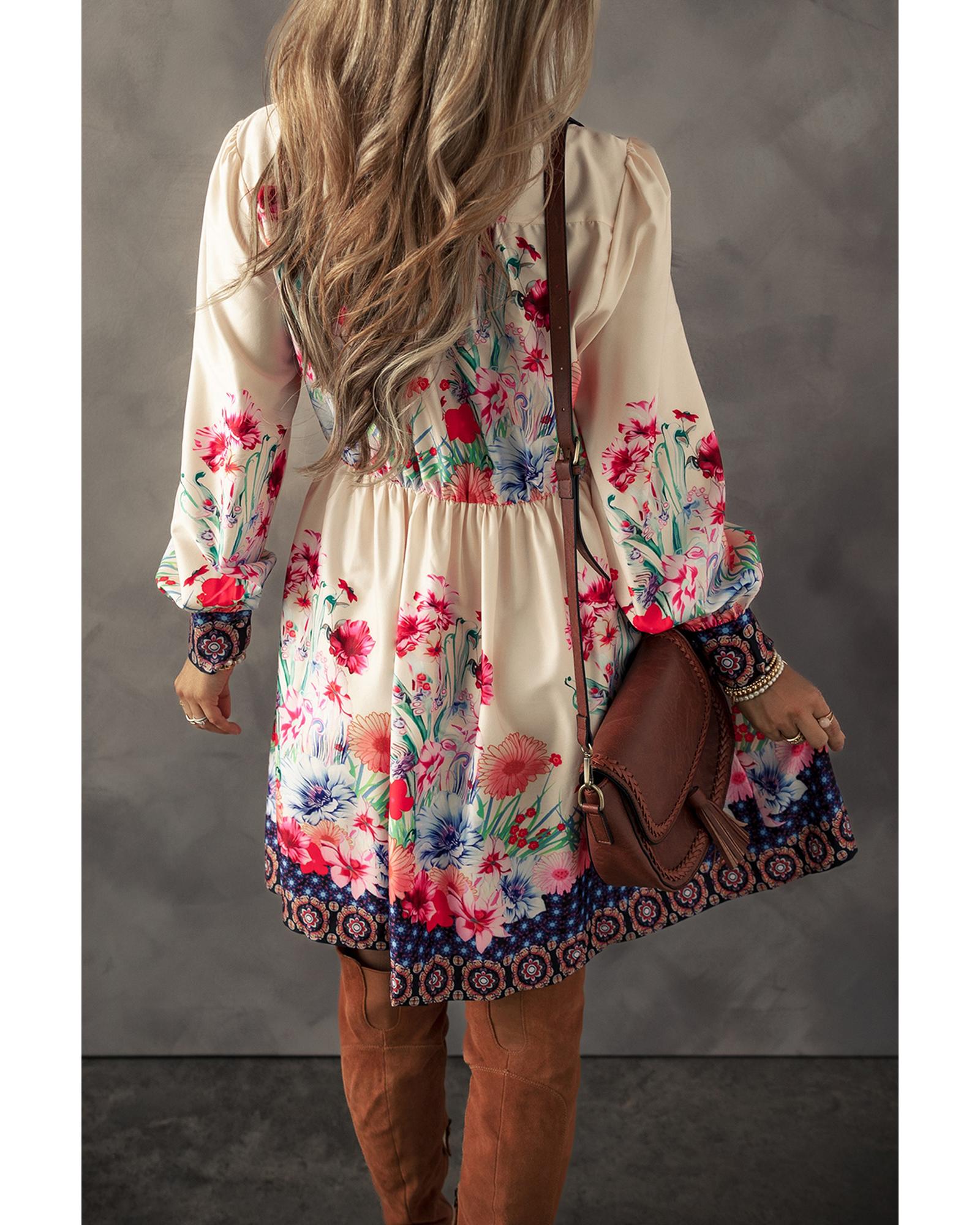 V539-AZEXDC6121559-P1820-XL-202508280055-00 Apricot Floral Print Buttoned High Waist Shirt Mini Dress - XL - Image 1