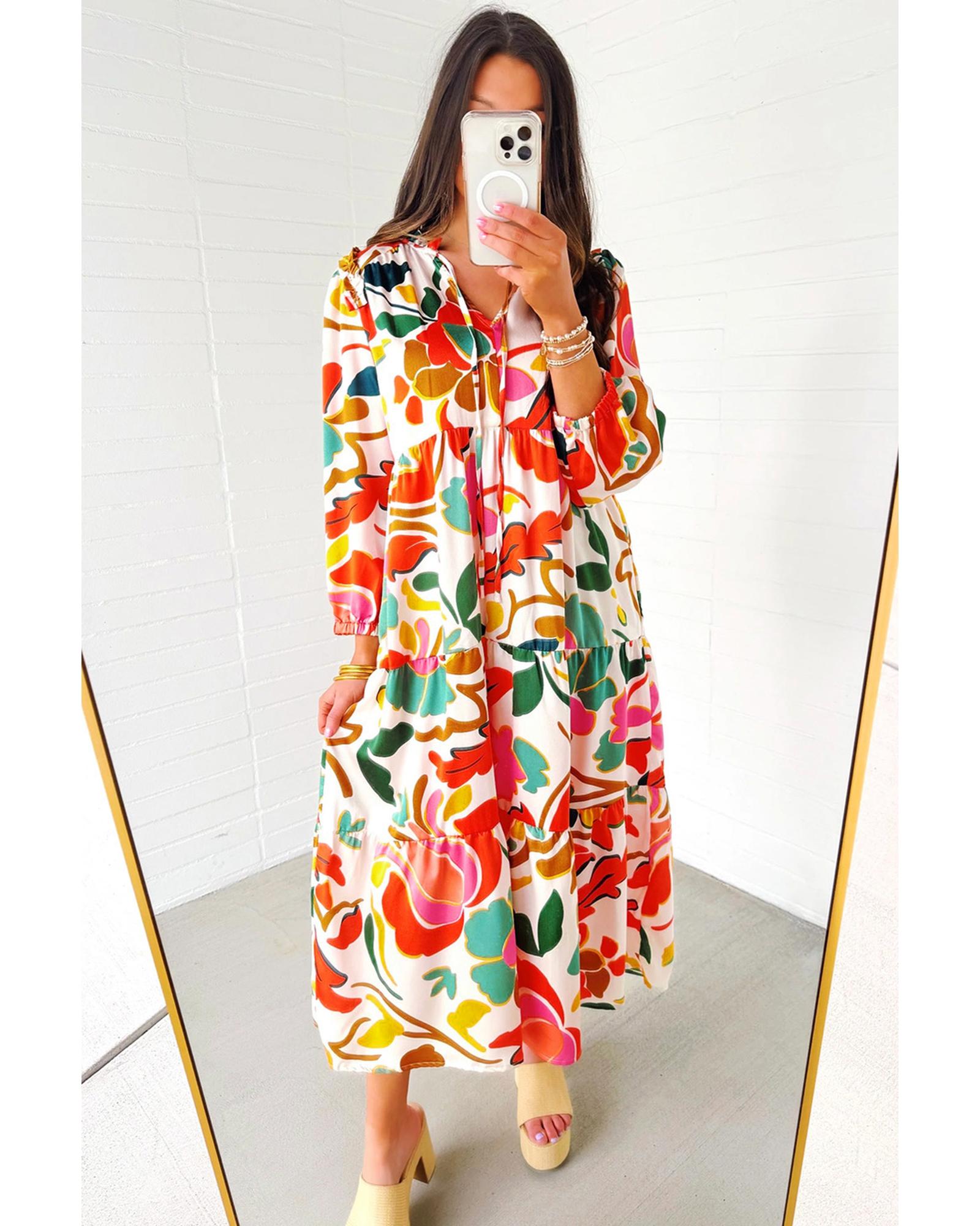 V539-AZEXDC6121578-P1422-S-202506141902-00 Orange Floral Print Split V Neck Tiered Maxi Dress - S - Image 1