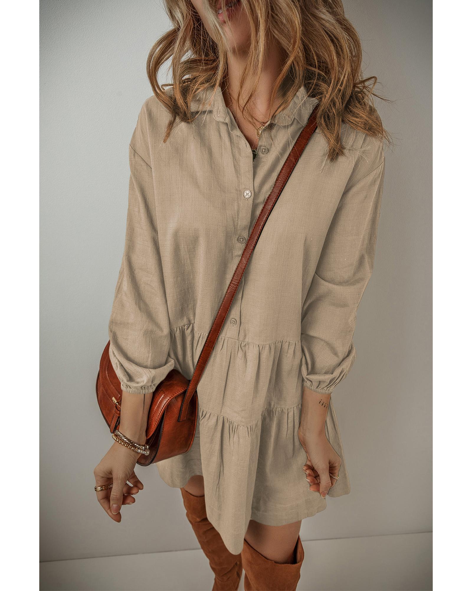 V539-AZEXDC6121586-P3016-L-202508291505-00 Tan Puff Sleeve Buttoned Tiered Pleated Shirt Mini Dress - L - Image 1
