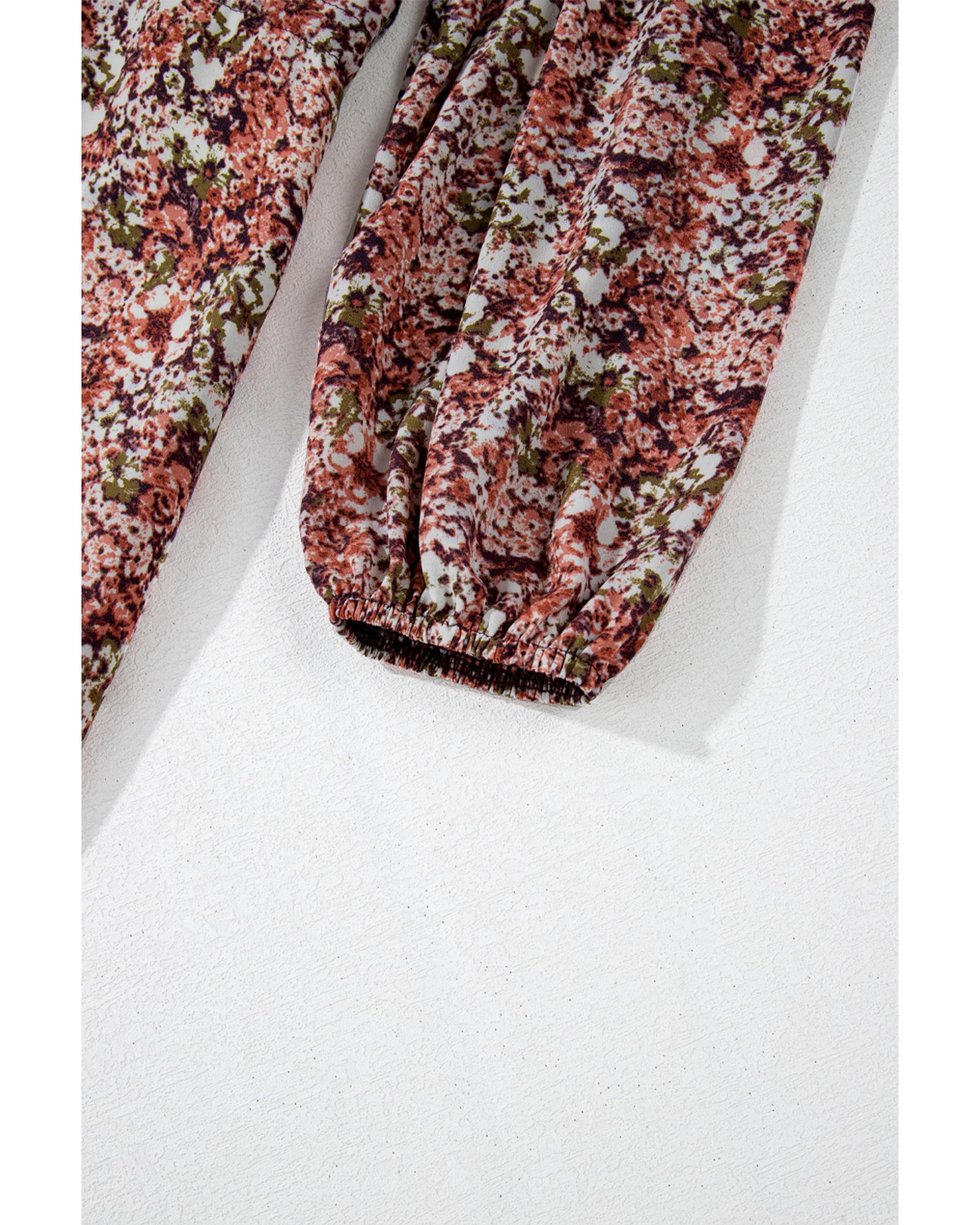 V539-AZEXDC6121609-P1720-S-202506141922-00 Brown Floral Print Split Front Tiered Frilled V Neck Midi Dress - S - Image 1