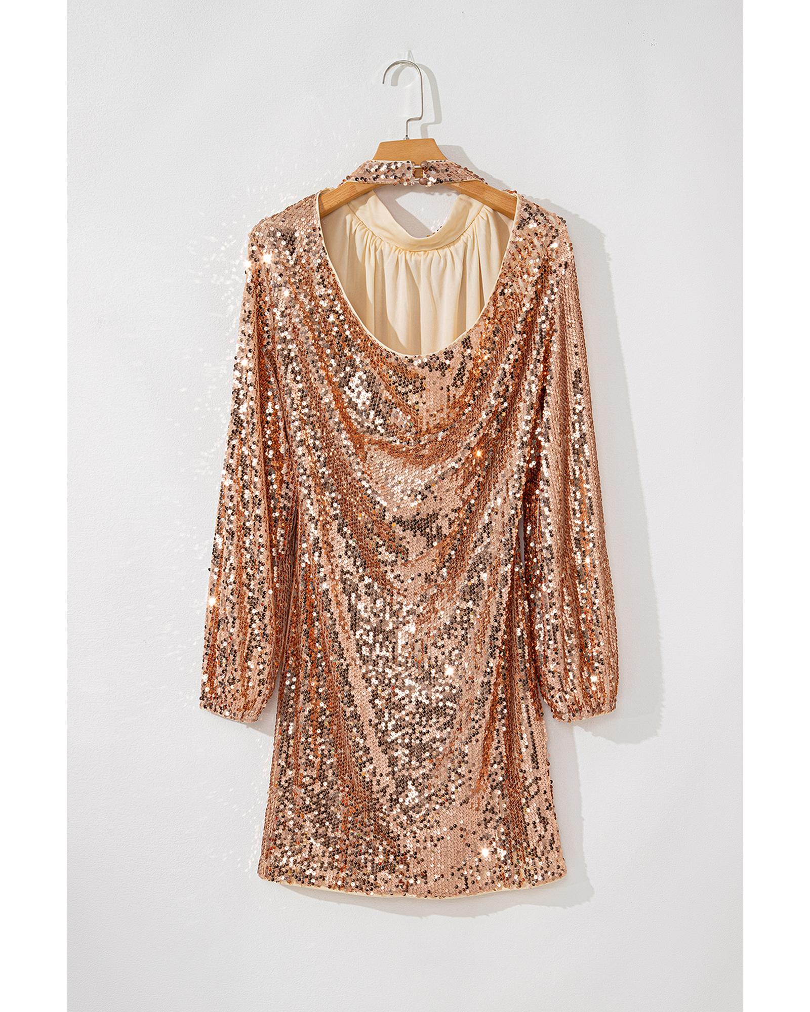 V539-AZEXDC6121637-P12-L-202506141927-00 Gold Sequined Long Sleeve Cutout Back Mini Dress - L - Image 1