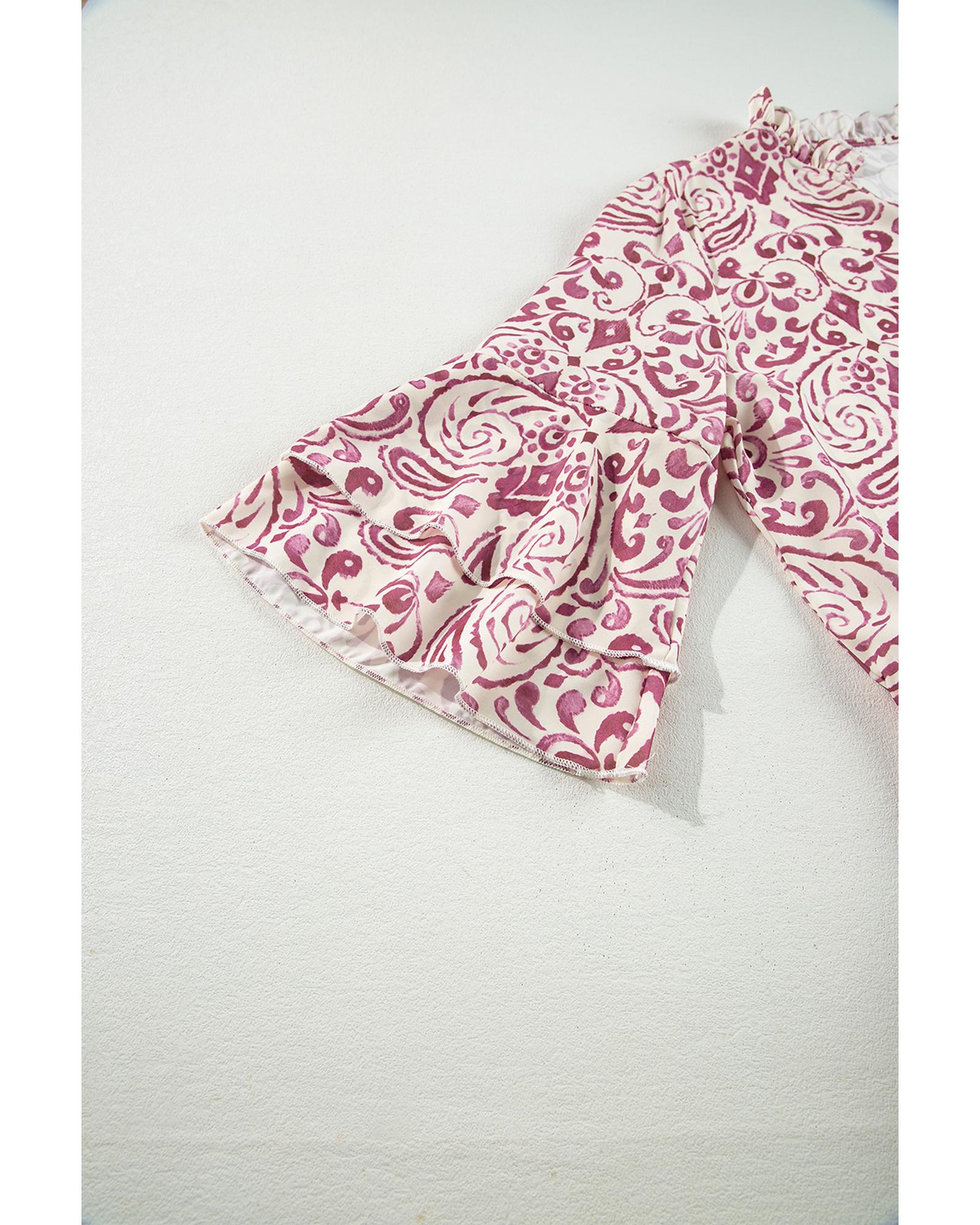 V539-AZEXDC6121727-P1020-XL-202508280225-00 Pink Paisley Print Tiered 3/4 Sleeve Notched Neck Mini Dress - XL - Image 1