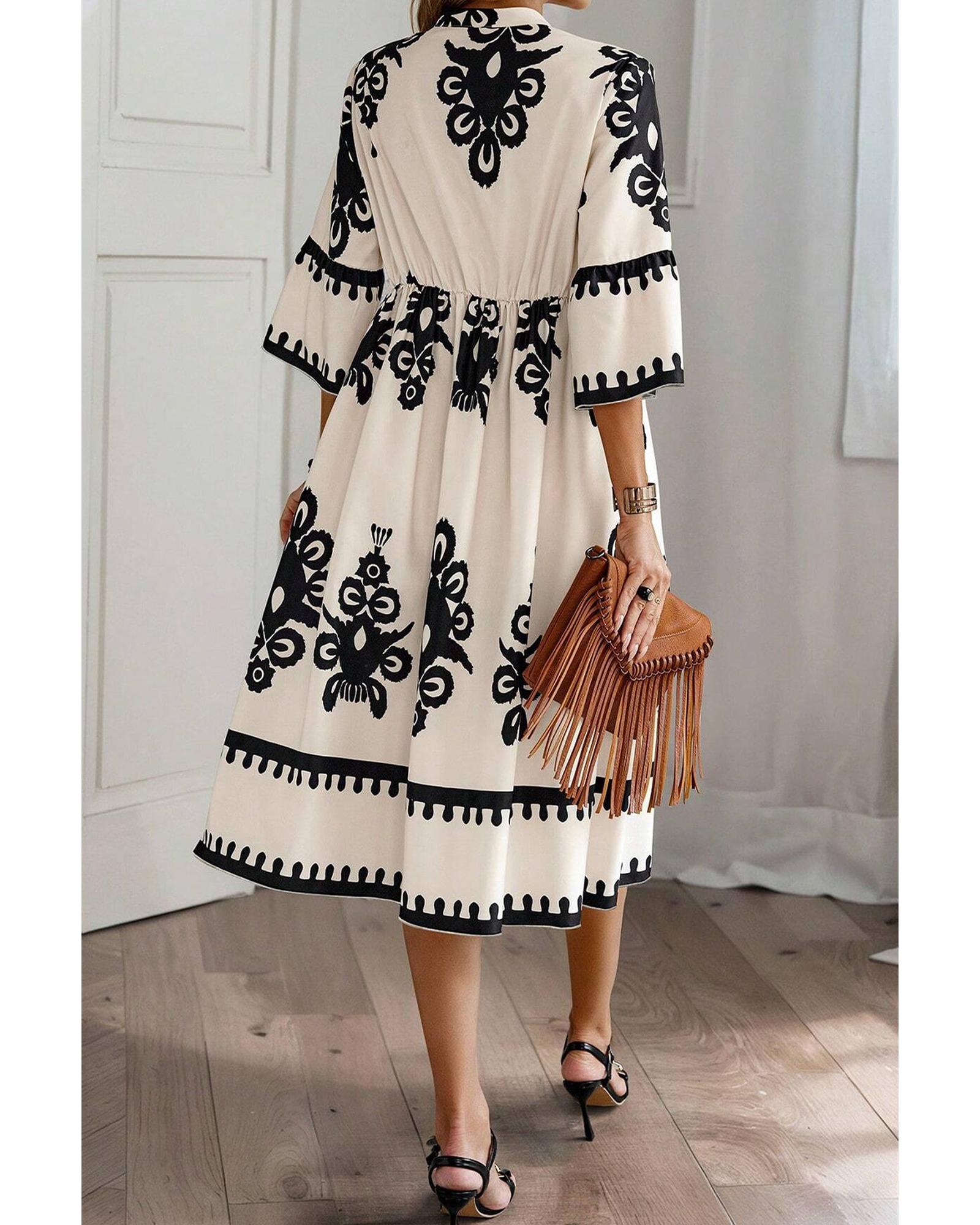 V539-AZEXDC6121729-P1520-L-202508280350-00 Beige Western Geometric Print 3/4 Sleeve Loose Midi Dress - L - Image 1