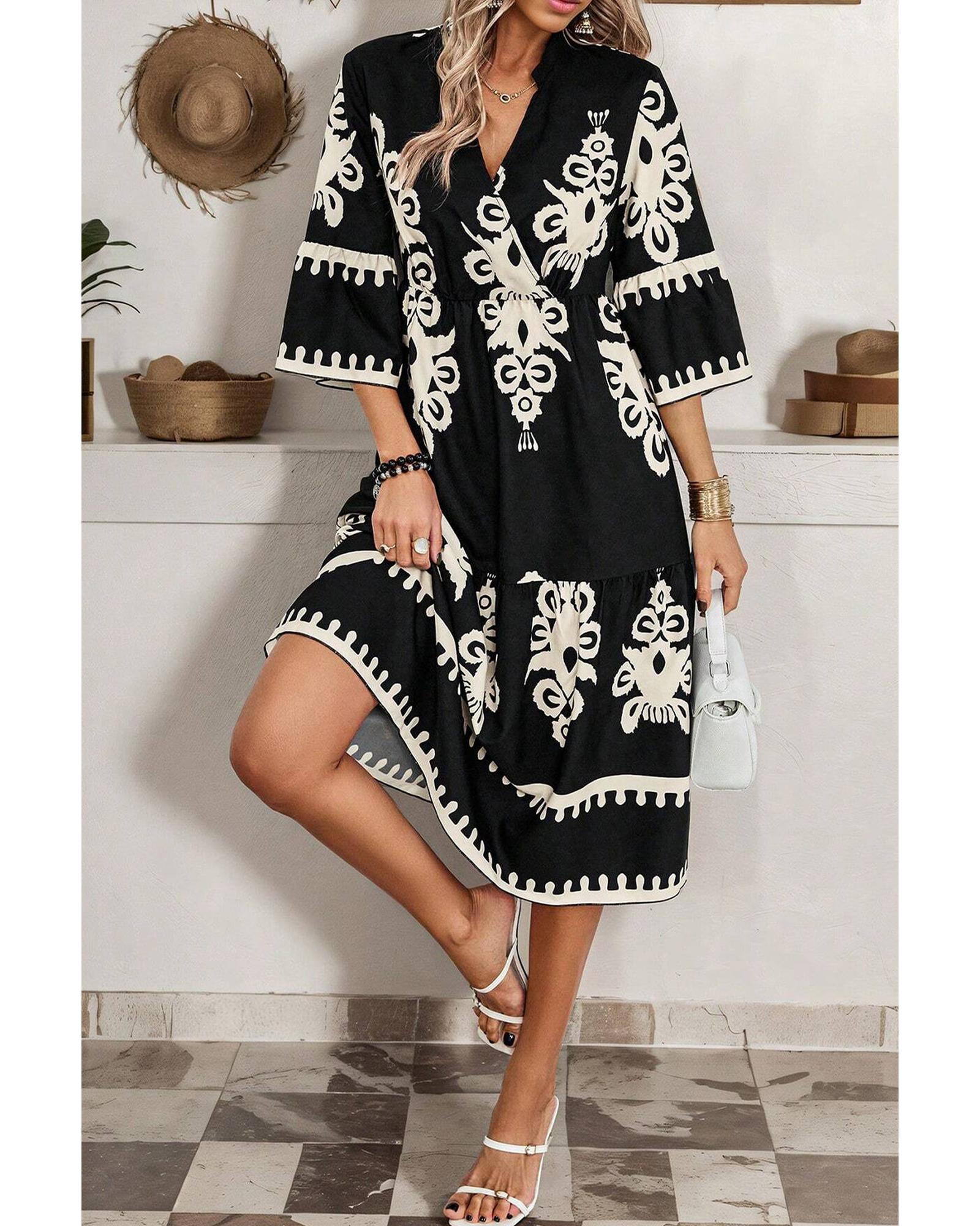 V539-AZEXDC6121729-P220-L-202508280900-00 Black Western Geometric Print 3/4 Sleeve Loose Midi Dress - L - Image 1