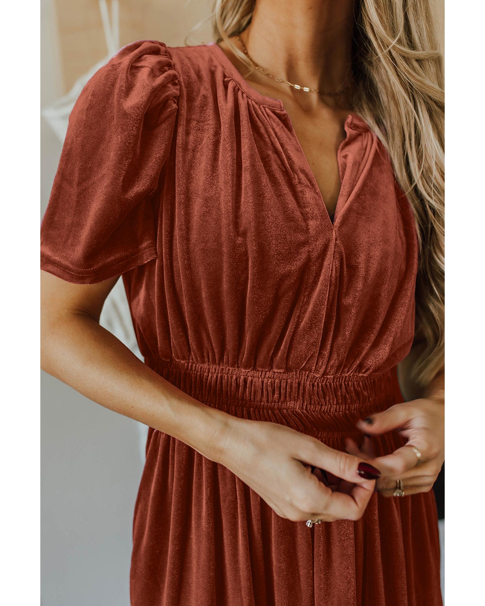 V539-AZEXDC6121808-P2017-S-202506141610-00 Chestnut Velvet Short Sleeve Shirred Waist Tiered Maxi Dress - S - Image 1