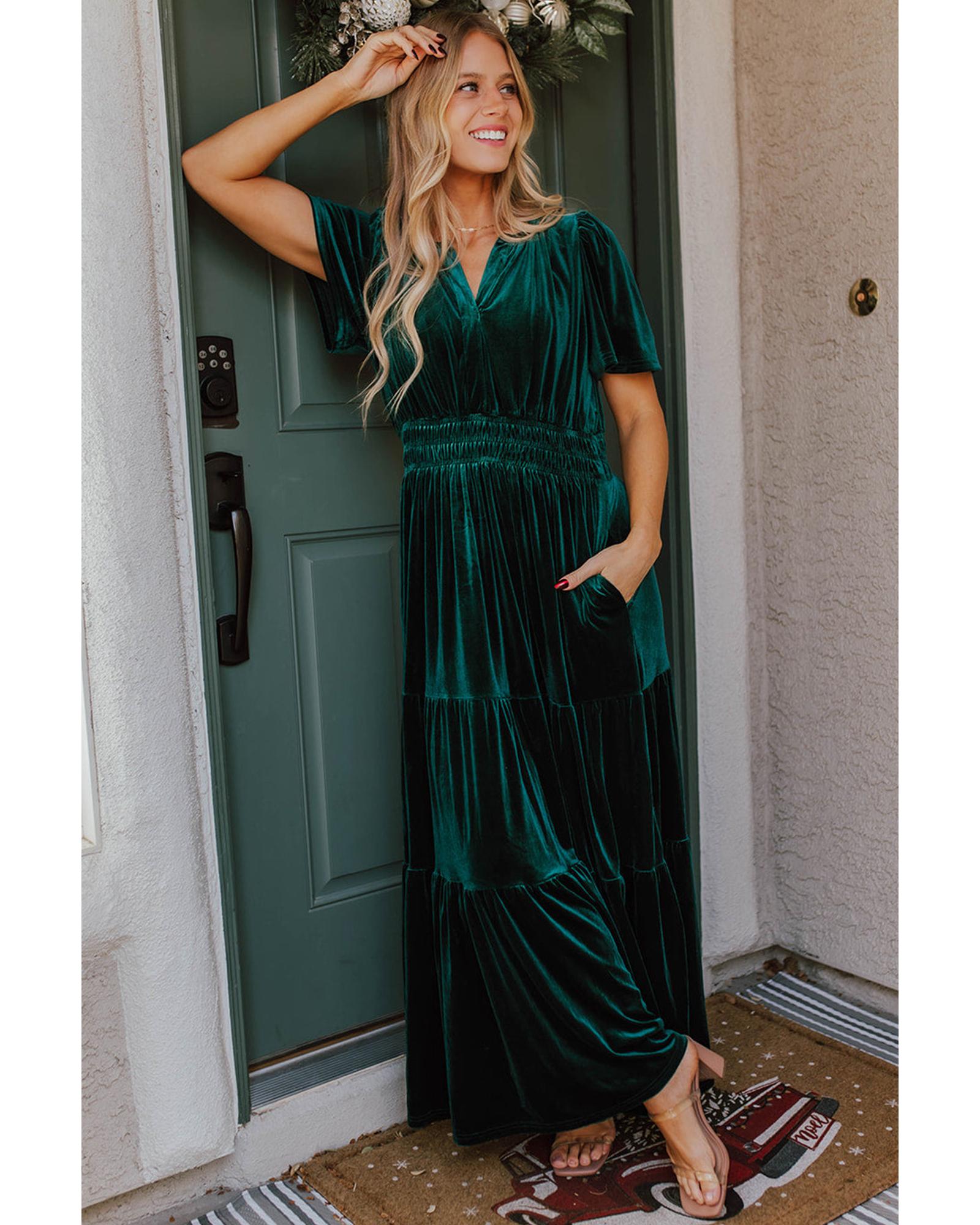 V539-AZEXDC6121808-P2509-M-202506141612-00 Evergreen Velvet Short Sleeve Shirred Waist Tiered Maxi Dress - M - Image 1