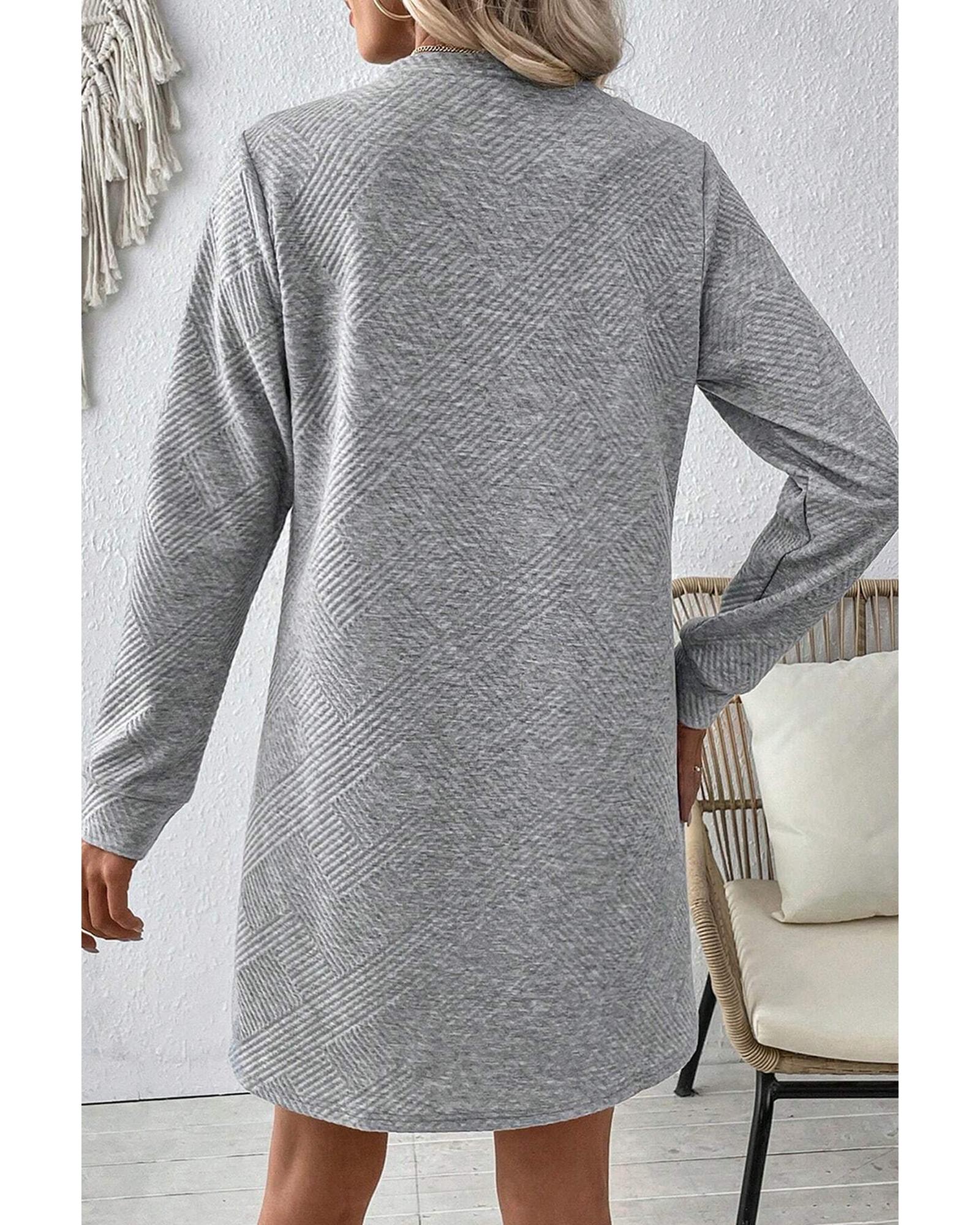 V539-AZEXDC6121814-P11-M-202508282350-00 Gray Solid Color Textured Long Sleeve Shift Dress - M - Image 1