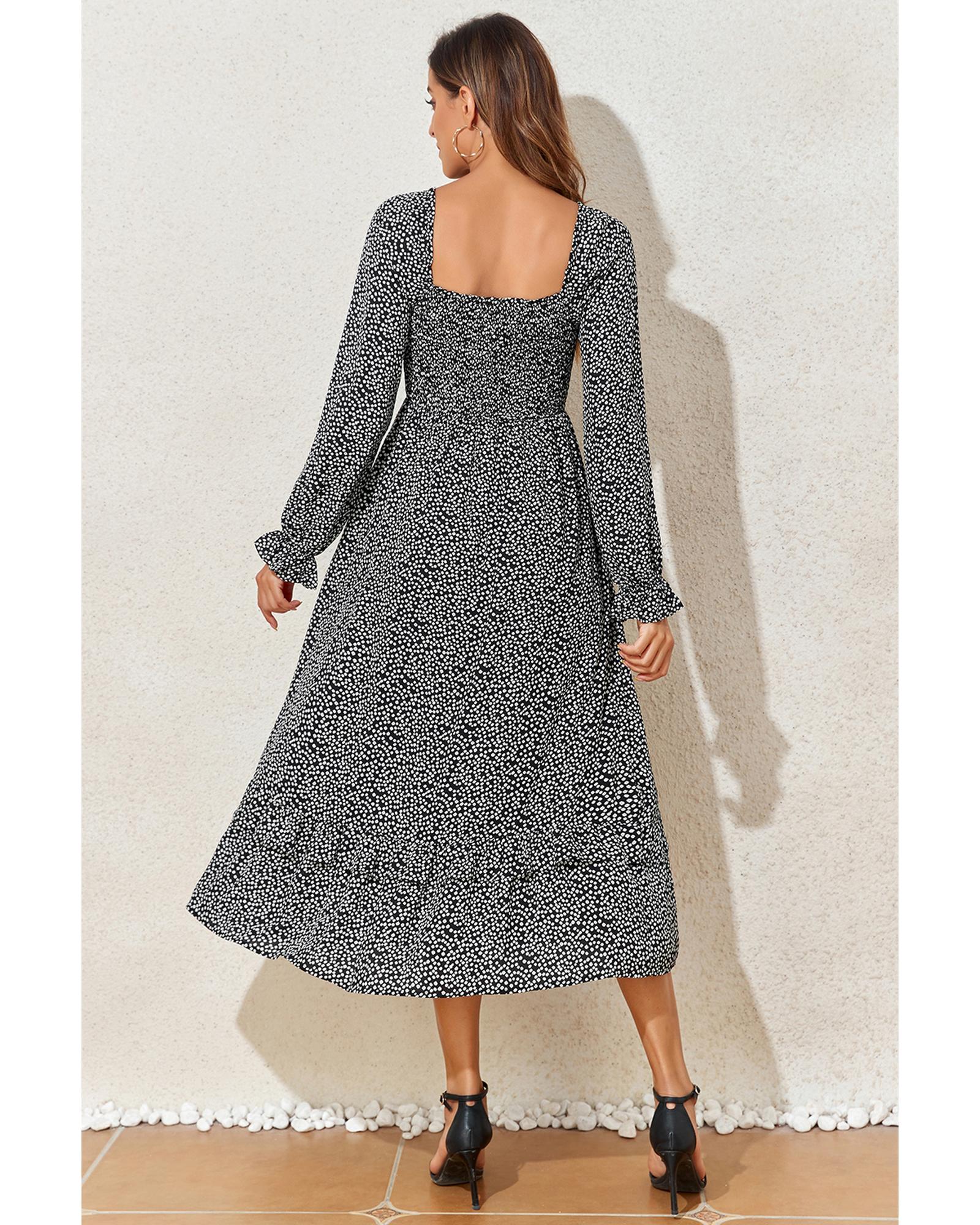 V539-AZEXDC6121821-P220-XL-202508280455-00 Black Floral Printed Long Sleeve Square Neck Midi Dress - XL - Image 1