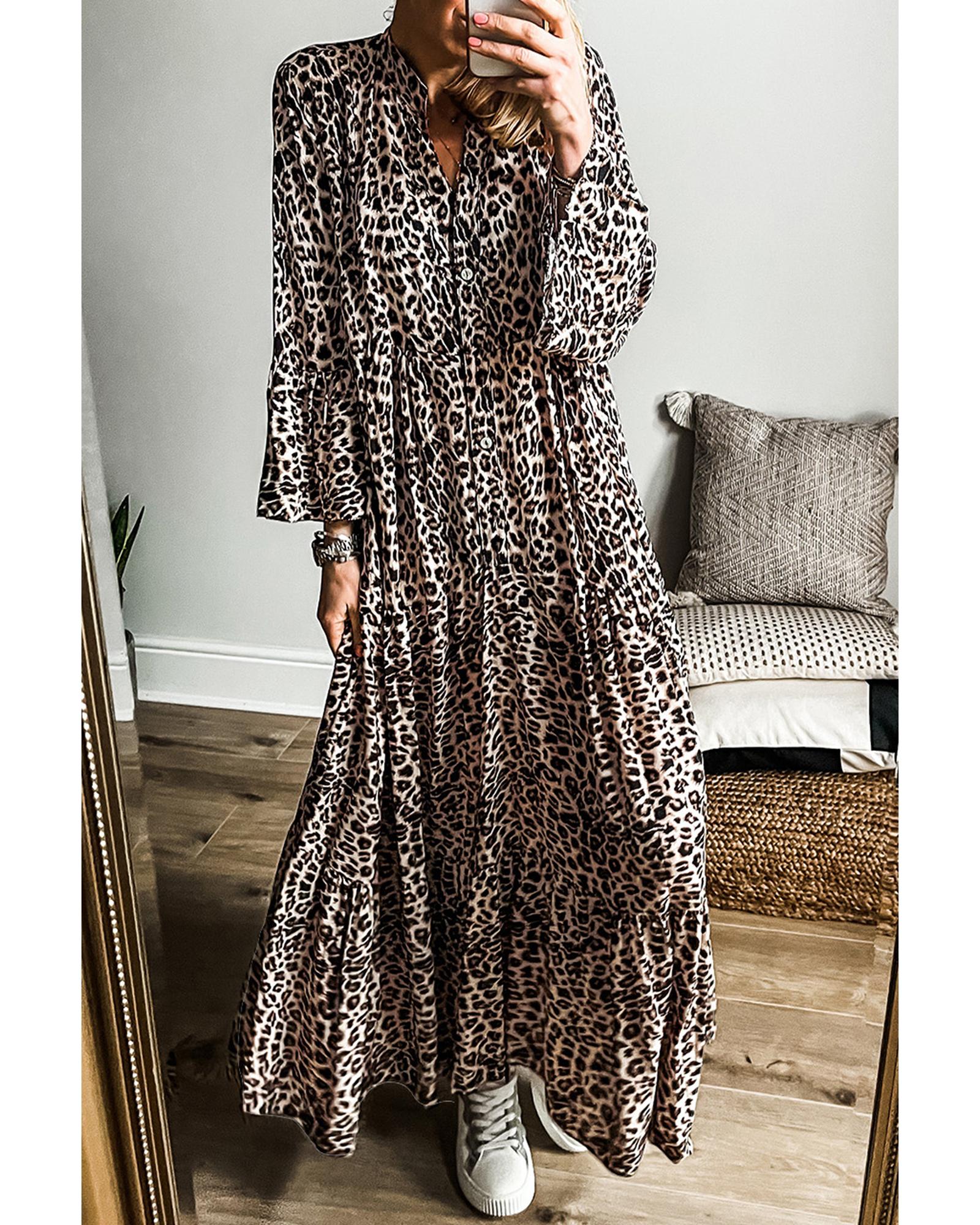 V539-AZEXDC6121844-P1820-S-202506141637-00 Apricot Leopard Print Tiered Wide Sleeve Maxi Dress - S - Image 1