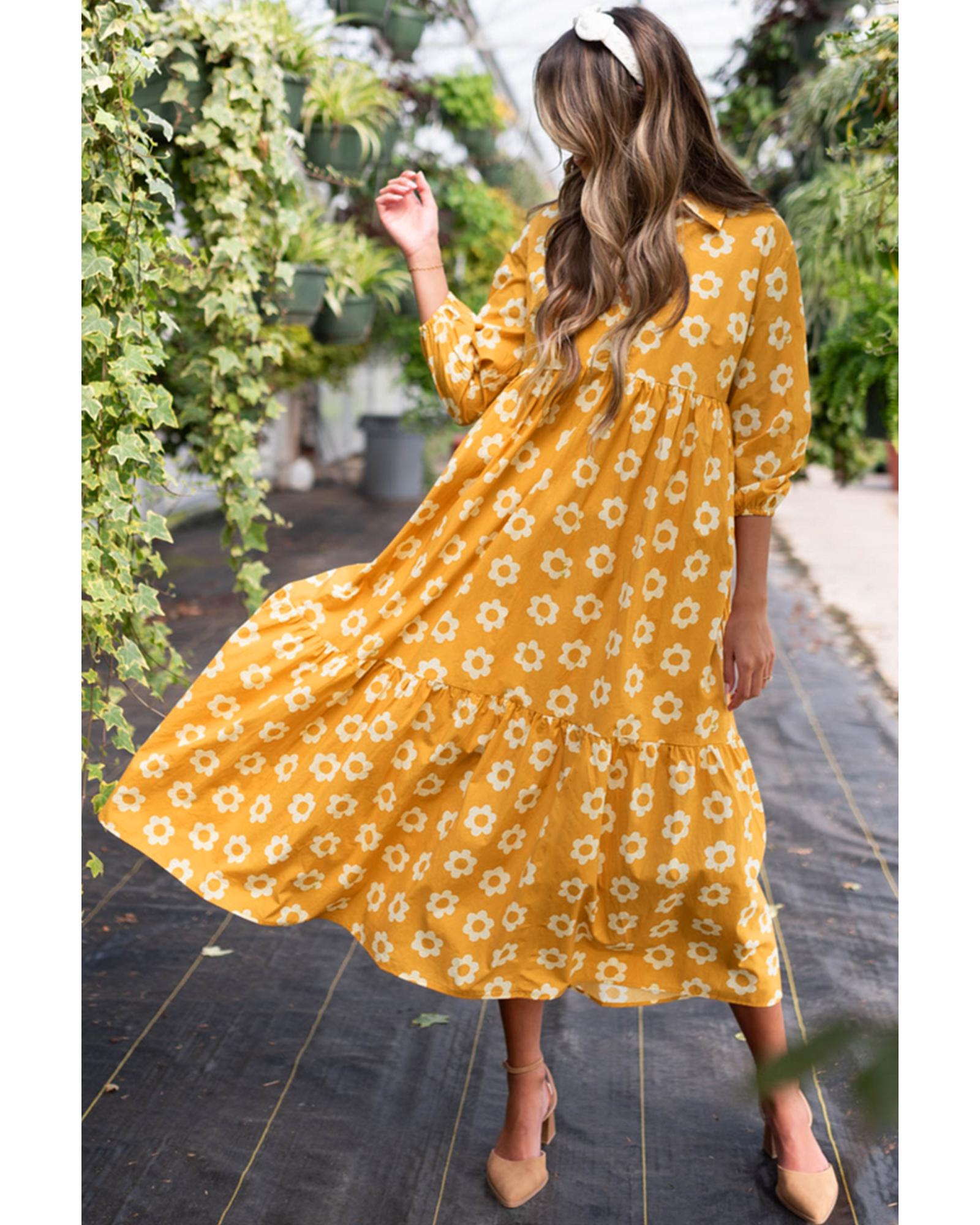 V539-AZEXDC6122039-P720-XL-202508310645-00 Yellow Flower Print Bracelet Sleeve Buttons Collared Maxi Dress - XL - Image 1
