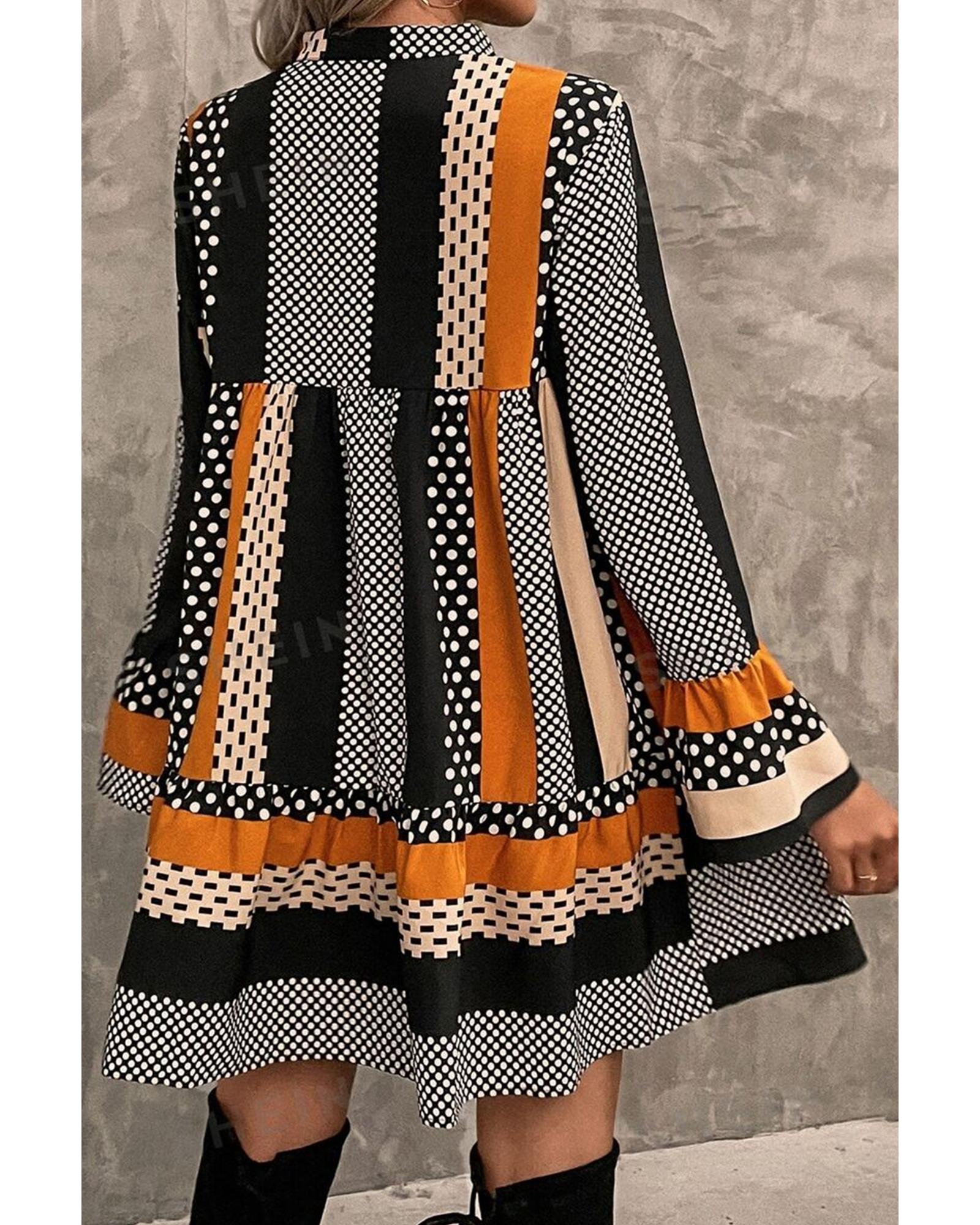 V539-AZEXDC6122084-P222-XL-202508310925-00 Black Striped Polka Dot Print Ruffled Hem V Neck Mini Dress - XL - Image 1