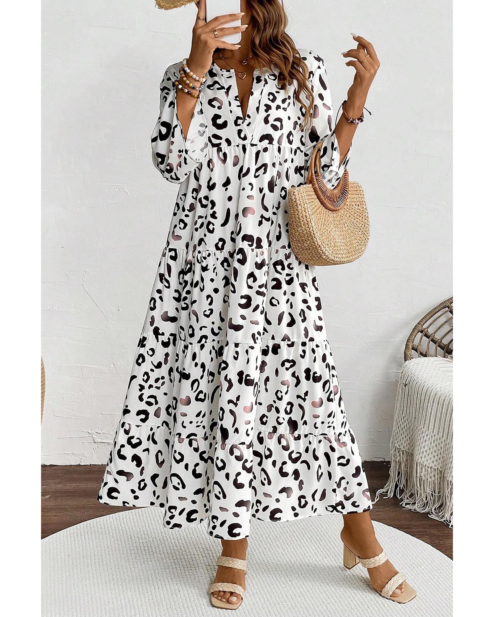 V539-AZEXDC6122327-P120-S-202506190145-00 White Leopard Print Notch V Neck Loose Fit Maxi Dress - S - Image 1