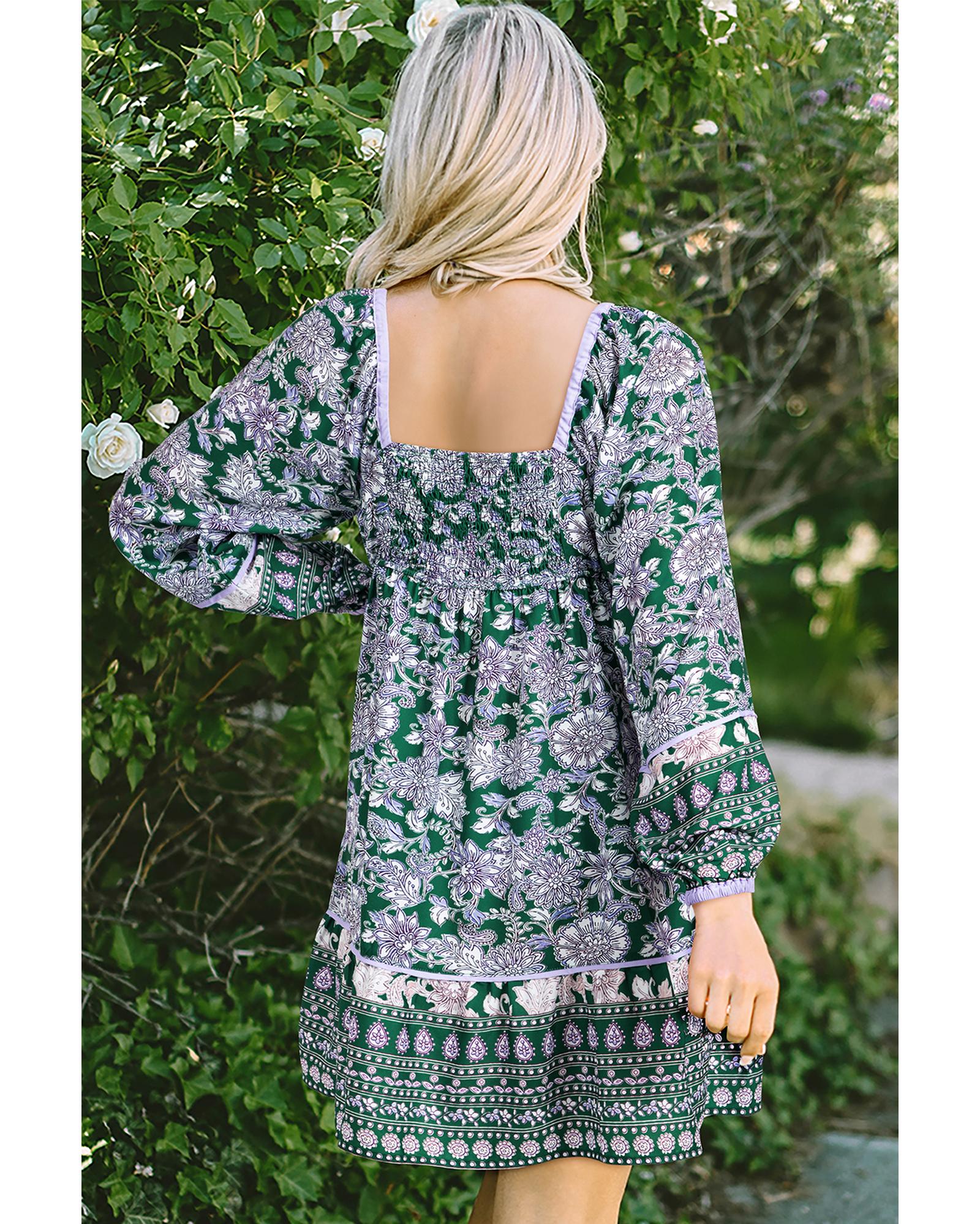 V539-AZEXDC6122396-P920-M-202508310430-00 Green Floral Print Piping Trim Bubble Sleeve Square Neck Dress - M - Image 1