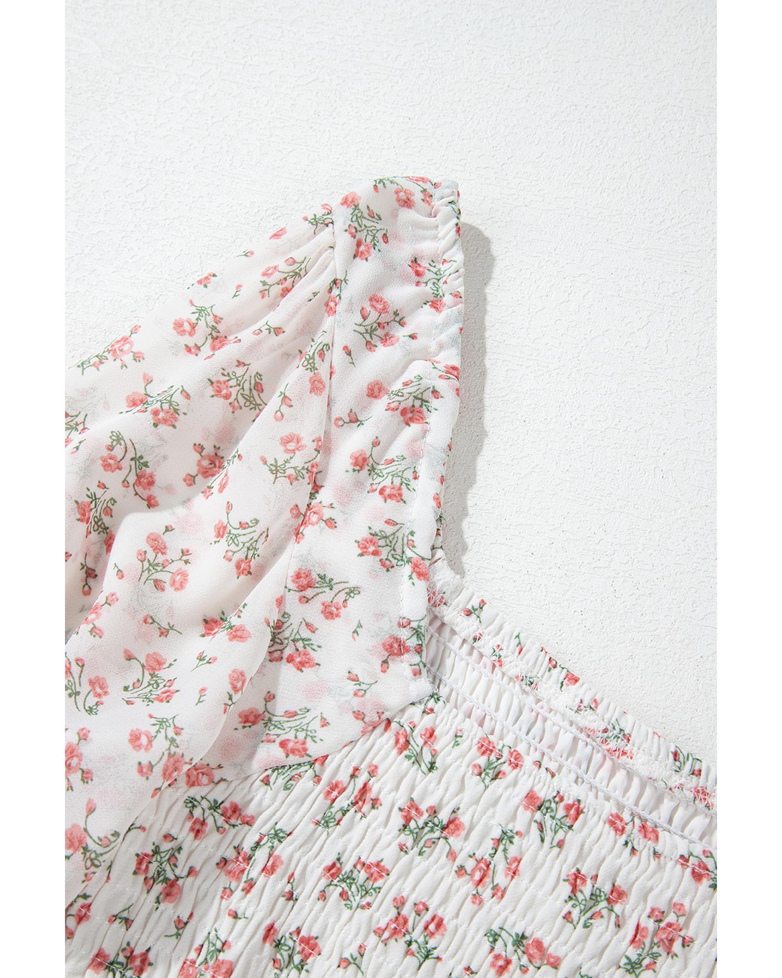 V539-AZEXDC6122401-P120-XL-202508310815-00 White Floral Print Shirred Ruffled Hem Square Neck Midi Dress - XL - Image 1