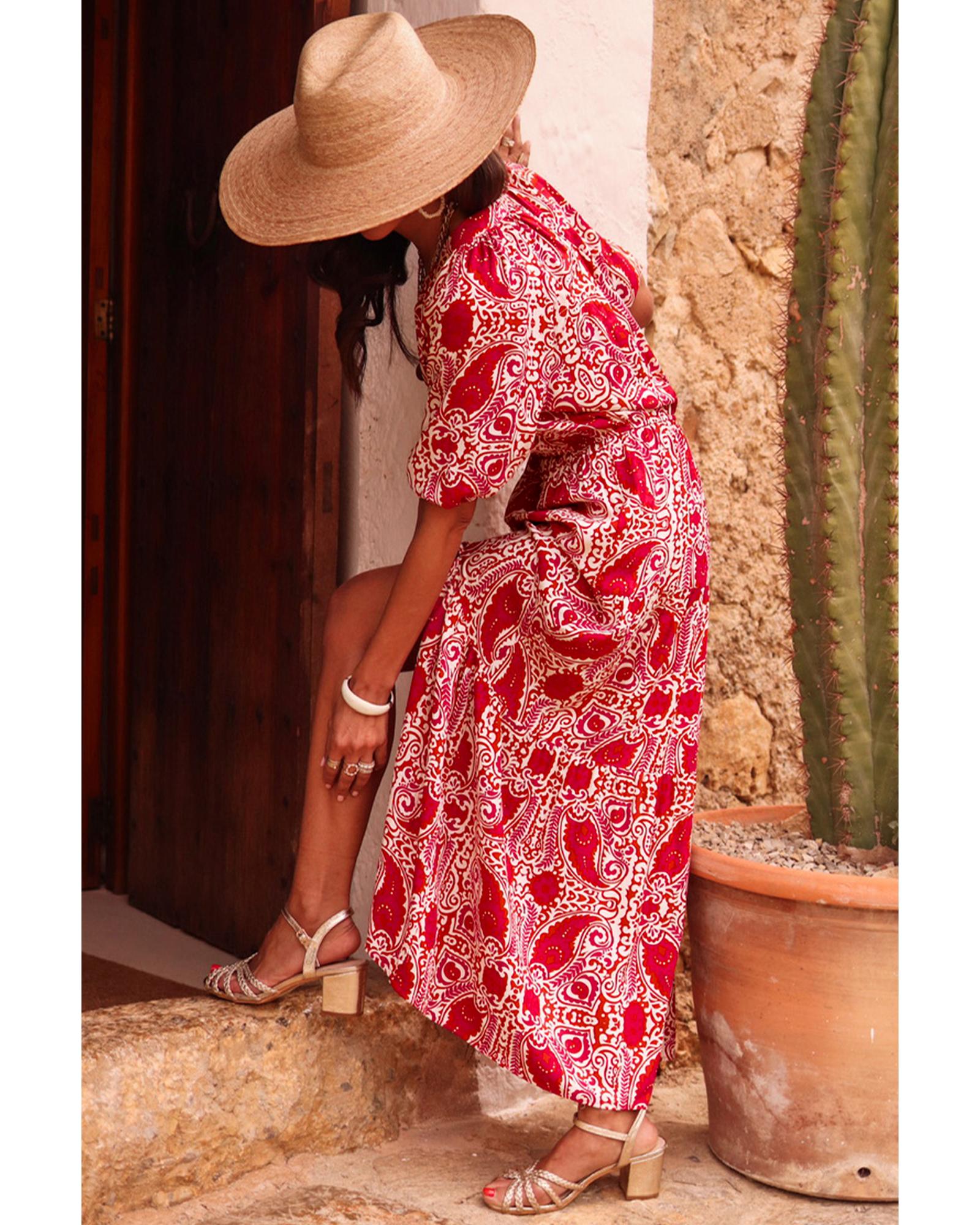 V539-AZEXDC6122445-P10320-S-202508310500-00 Red Paisley Print Side Slit Puff Sleeve High Waist Maxi Dress - S - Image 1